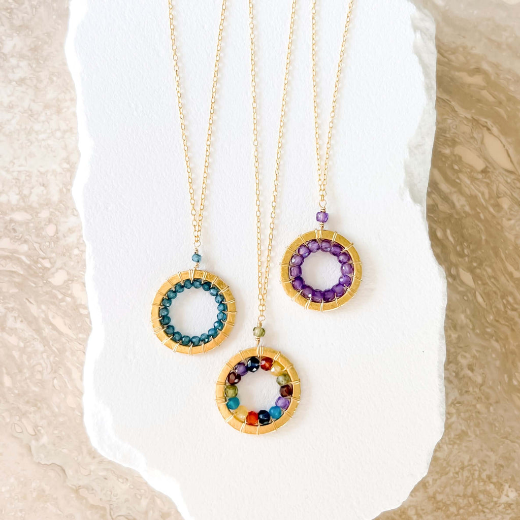 PARKEN JEWELRY London Blue Quartz, Rainbow Gemstone and Amethyst Halo Mini Gold Pendants — main product shot