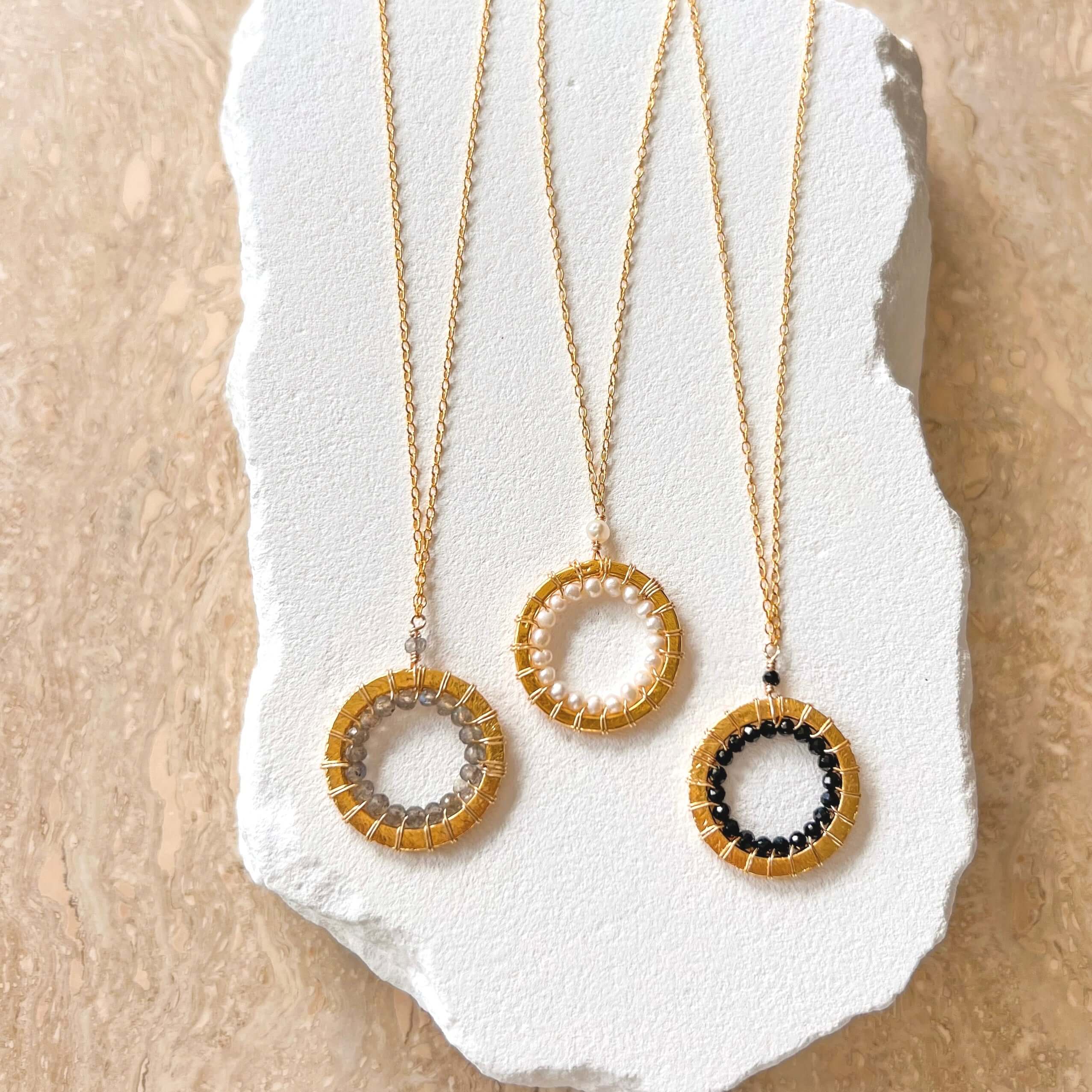 PARKEN JEWELRY Pearl, Labradorite and Black Spinel Halo Mini Gold Pendant — main product shot