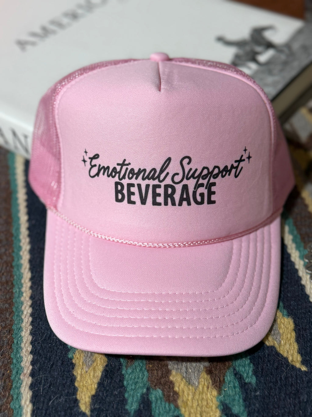 Wild Junkie Emotional Support Beverage Pink Trucker Hat — hats category context