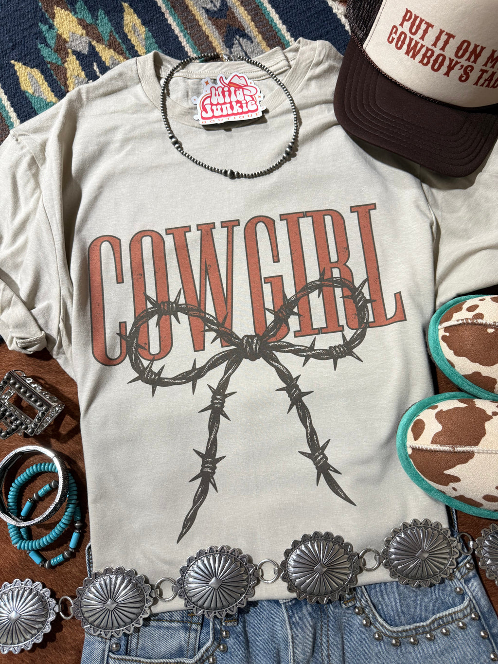 Wild Junkie Cowgirl Barbed Wire Bow Graphic Tee — main product shot
