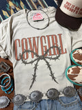 Wild Junkie Cowgirl Barbed Wire Bow Graphic Tee — main product shot