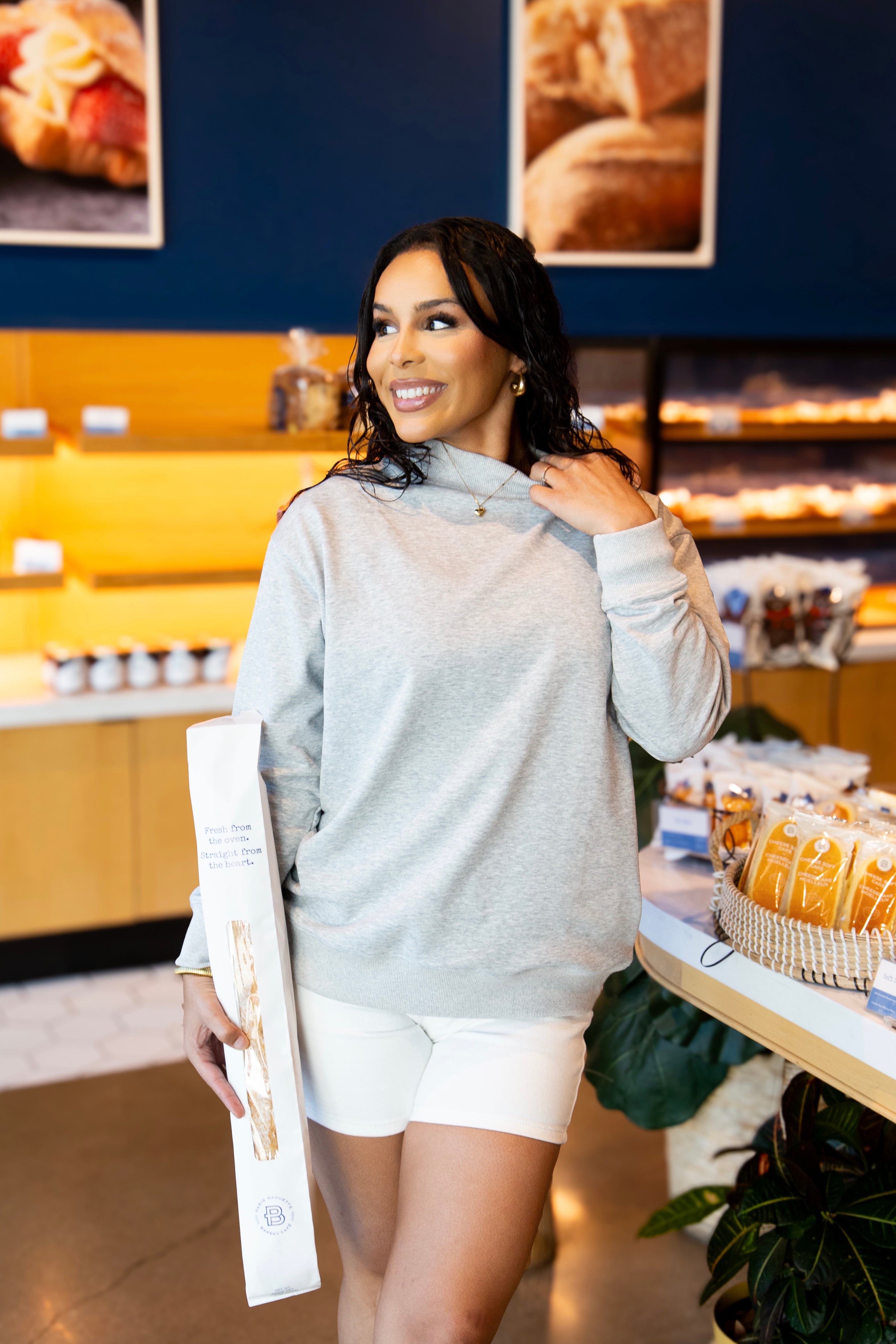 Grace+Emma Mock Neck Sweatshirt, Grey — detail close-up