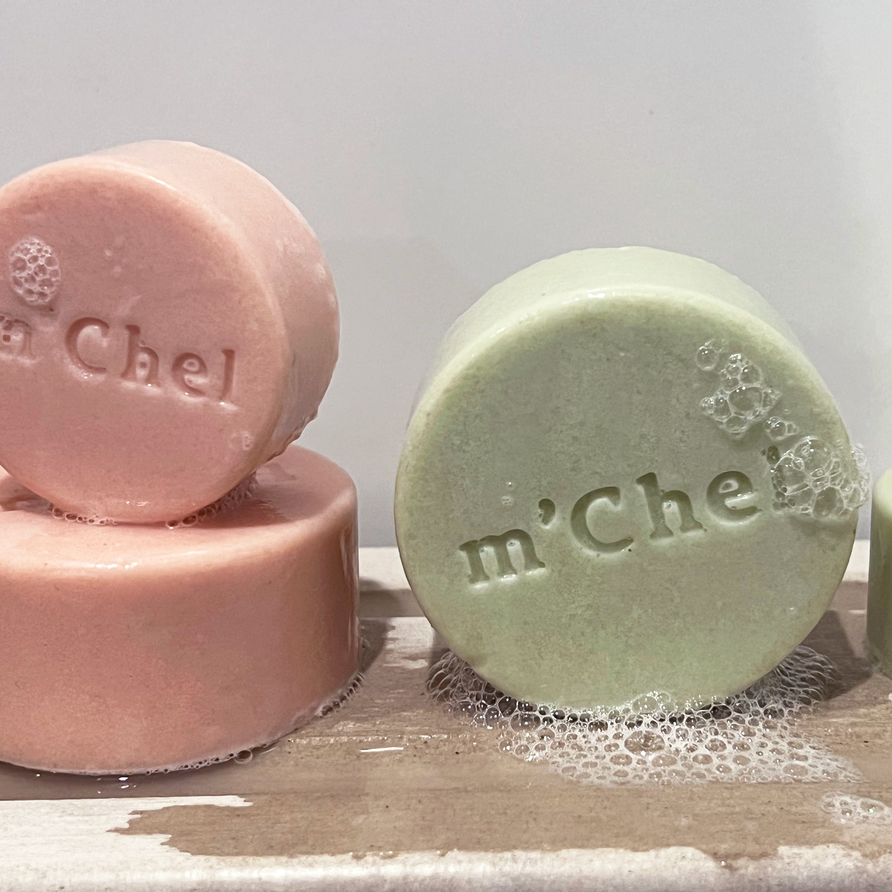 m'Chel Haircare High Shine Shampoo + Weightless Daily Conditioner Bars Bundle — in-use photo