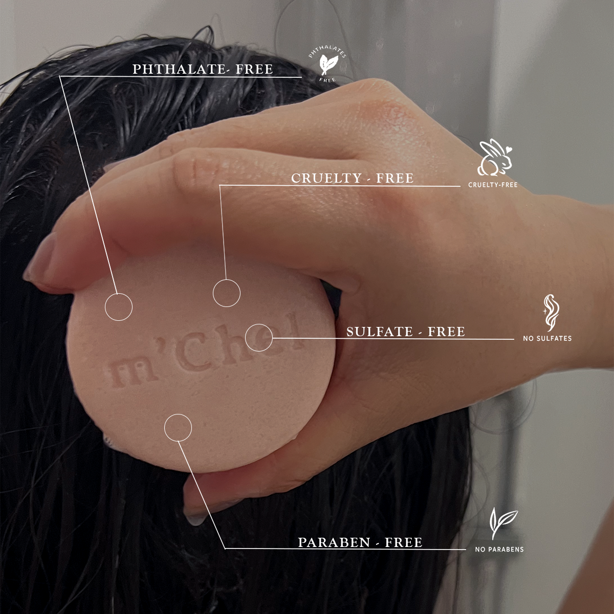 m'Chel Haircare High Shine Shampoo + Weightless Daily Conditioner Bars Bundle — lifestyle context