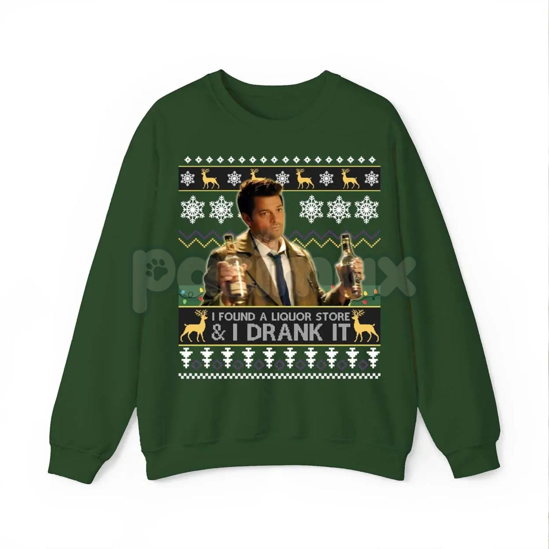 Pasimax "I Found A Liquor Store And I Drank It" Ugly Sweater | Supernatural Moments Quote Funny Christmas Shirt | Dean Winche
