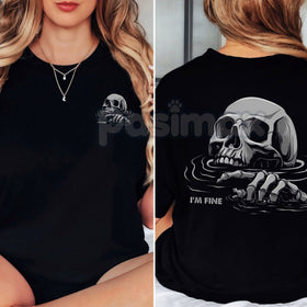 "I'M FINE" Drowning Skull Black Print T-Shirt - Gothic Humor Graphic Tee, Sarcastic Men's Apparel, Dark Aesthetic Skull Shirt