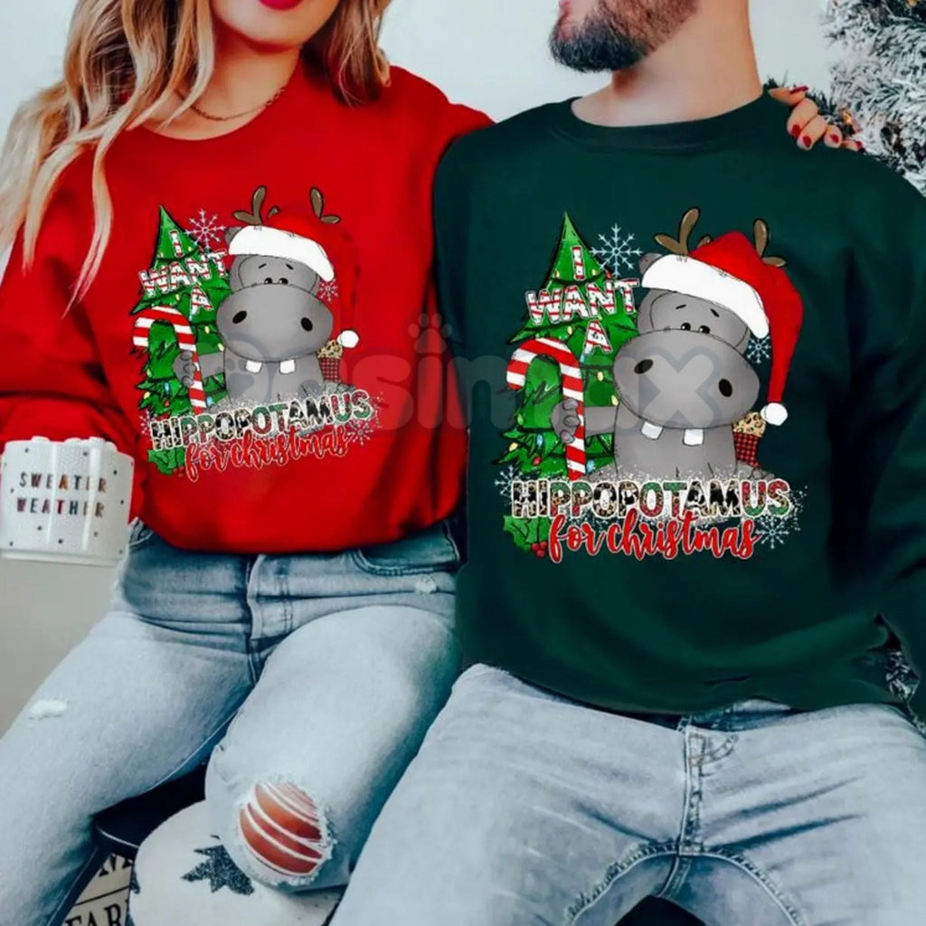 Pasimax I Want a Hippopotamus for Christmas Sweatshirt | Cute Nostalgic Holiday Song Jumper | Funny Hippo Xmas Crewneck Gift 