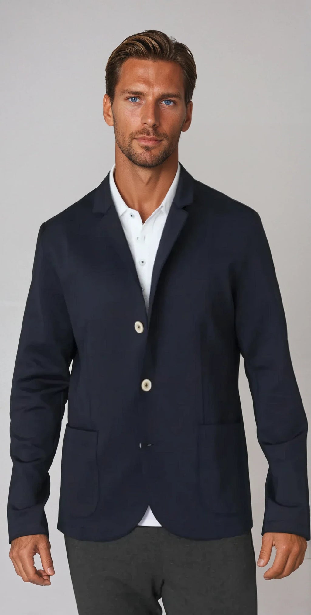 Buki In-Flight Stretch Blazer Navy — lifestyle context