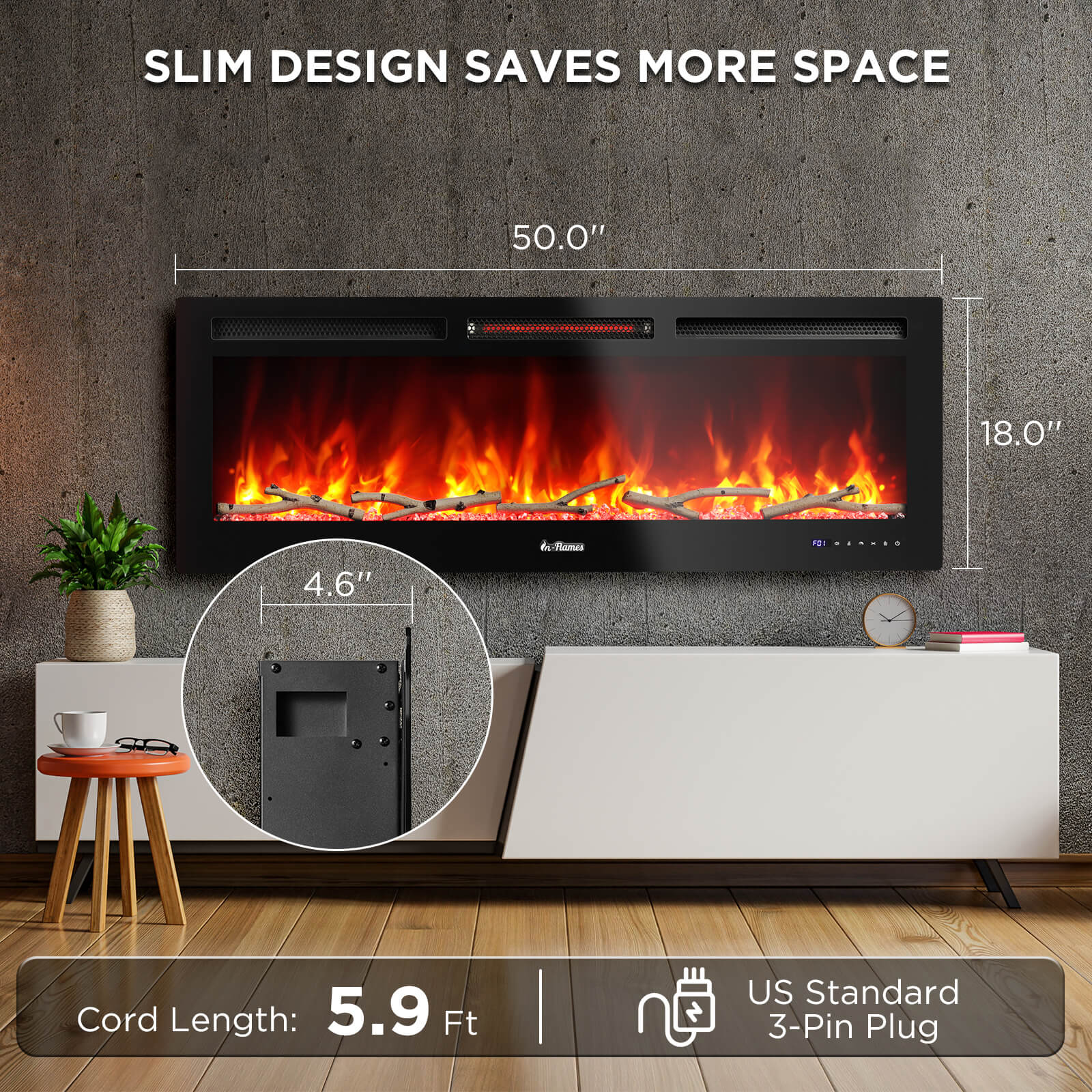 In Flames INF50W-3D WiFi Smart Wall Mounted Electric Fireplace - Tempered Glass – TURBRO, view 7
