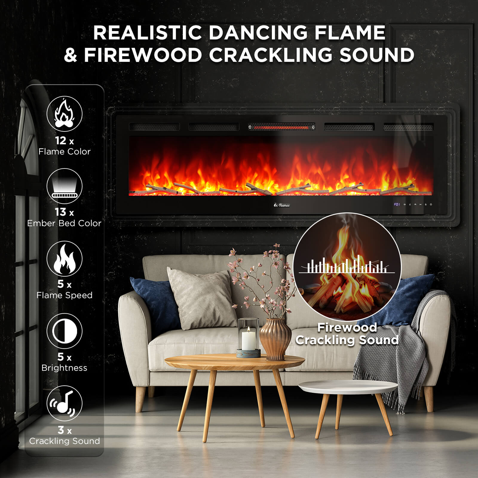 In Flames INF60W-3D WiFi Smart Wall Mounted Electric Fireplace - Tempered Glass – TURBRO, view 4