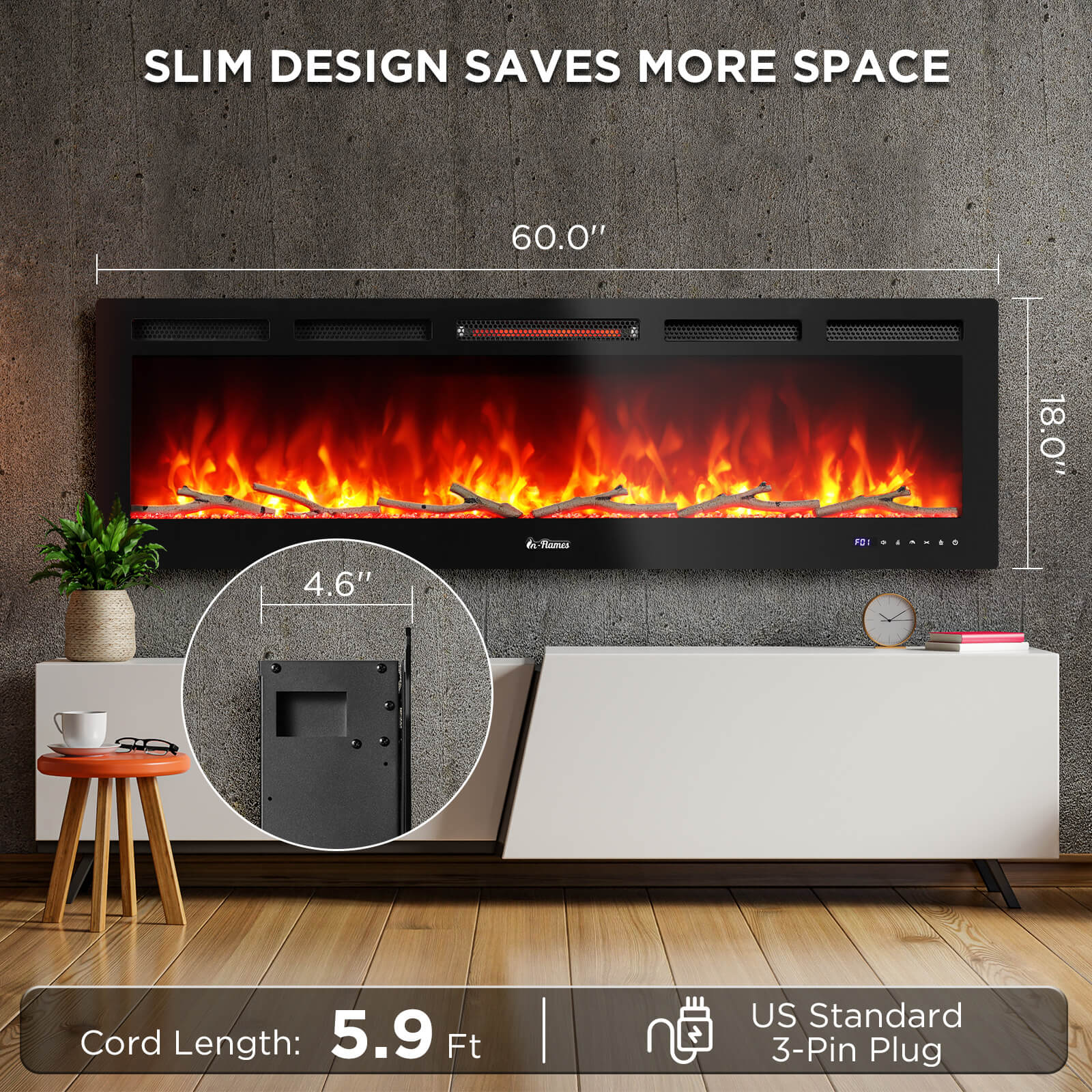 In Flames INF60W-3D WiFi Smart Wall Mounted Electric Fireplace - Tempered Glass – TURBRO, view 2