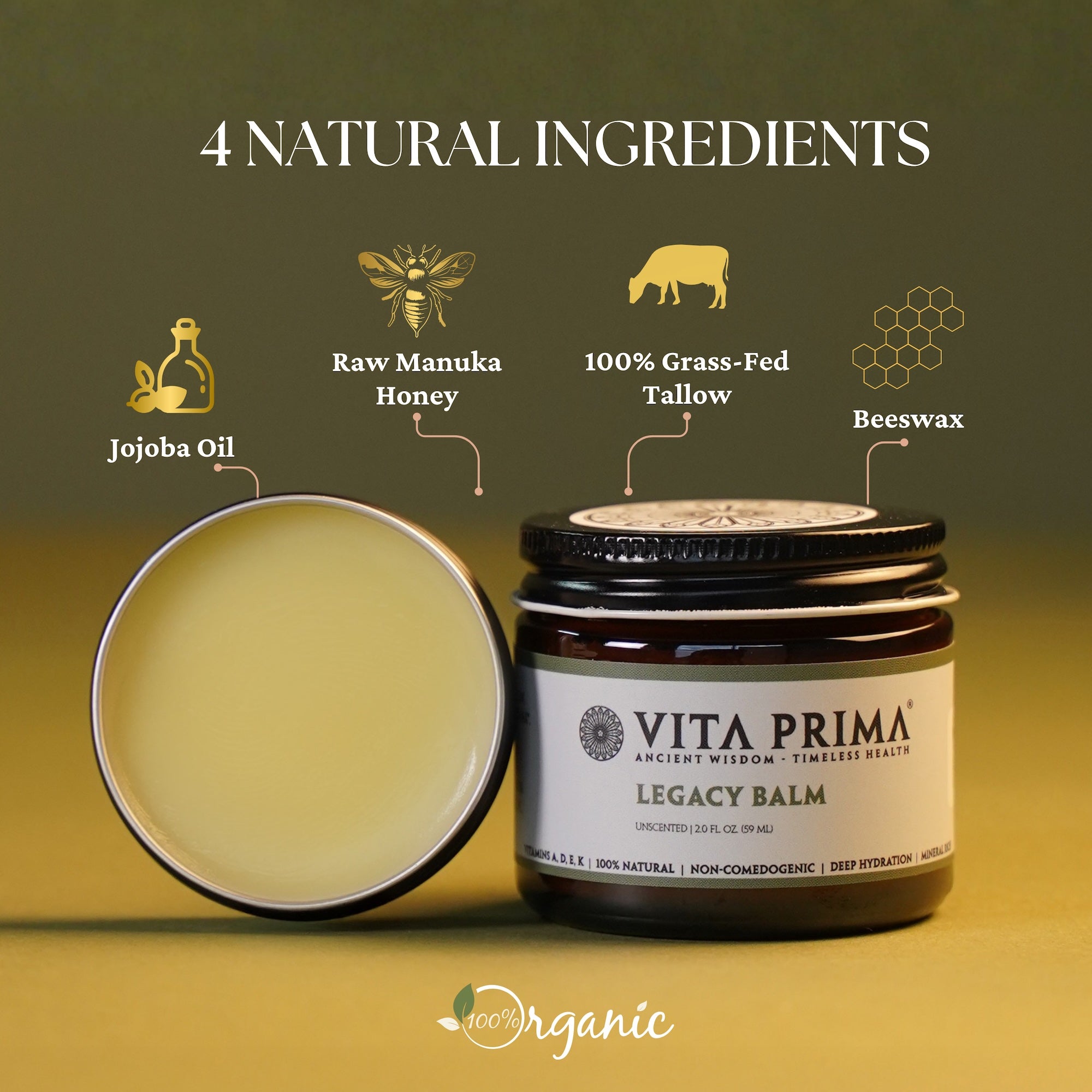 Vita Prima Legacy Tallow Balm — applied to dry skin