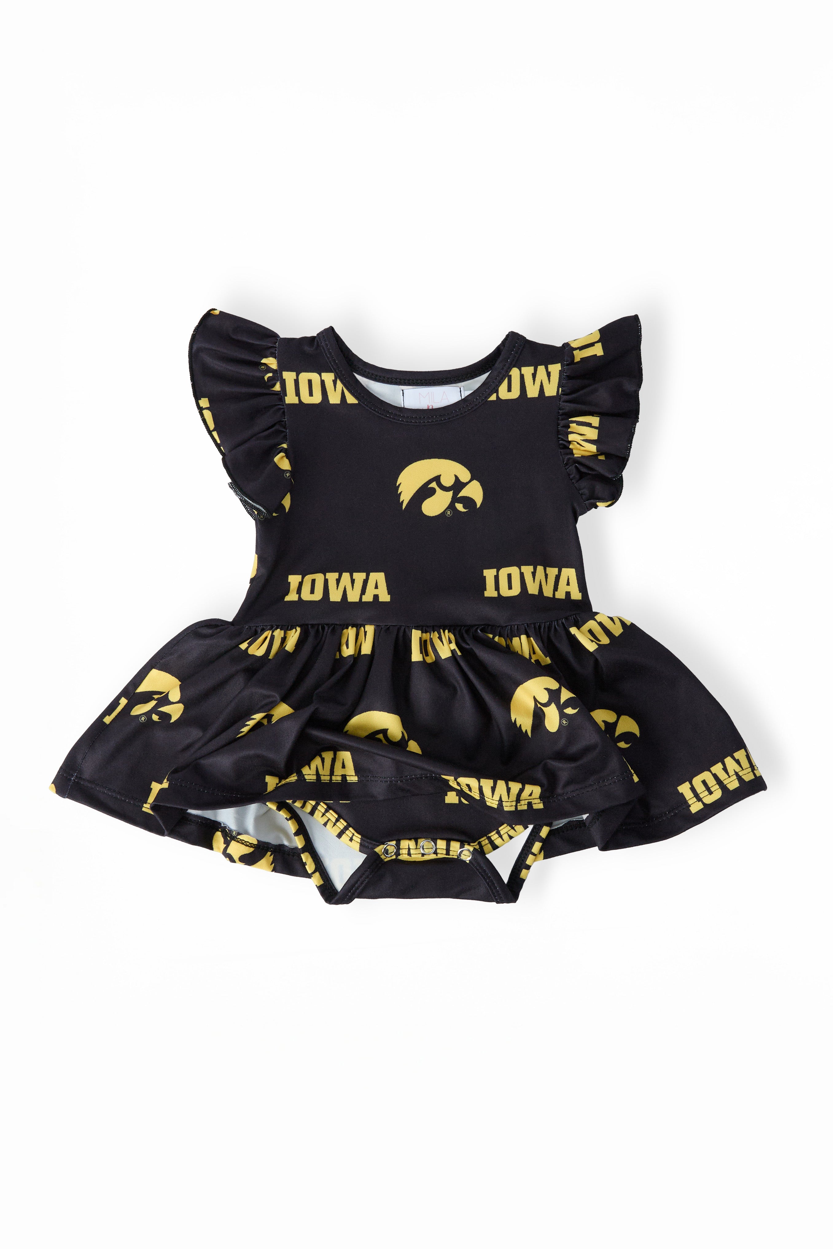 Mila & Rose ® Iowa Black Tigerhawk Flutter Twirl Bodysuit — detail close-up