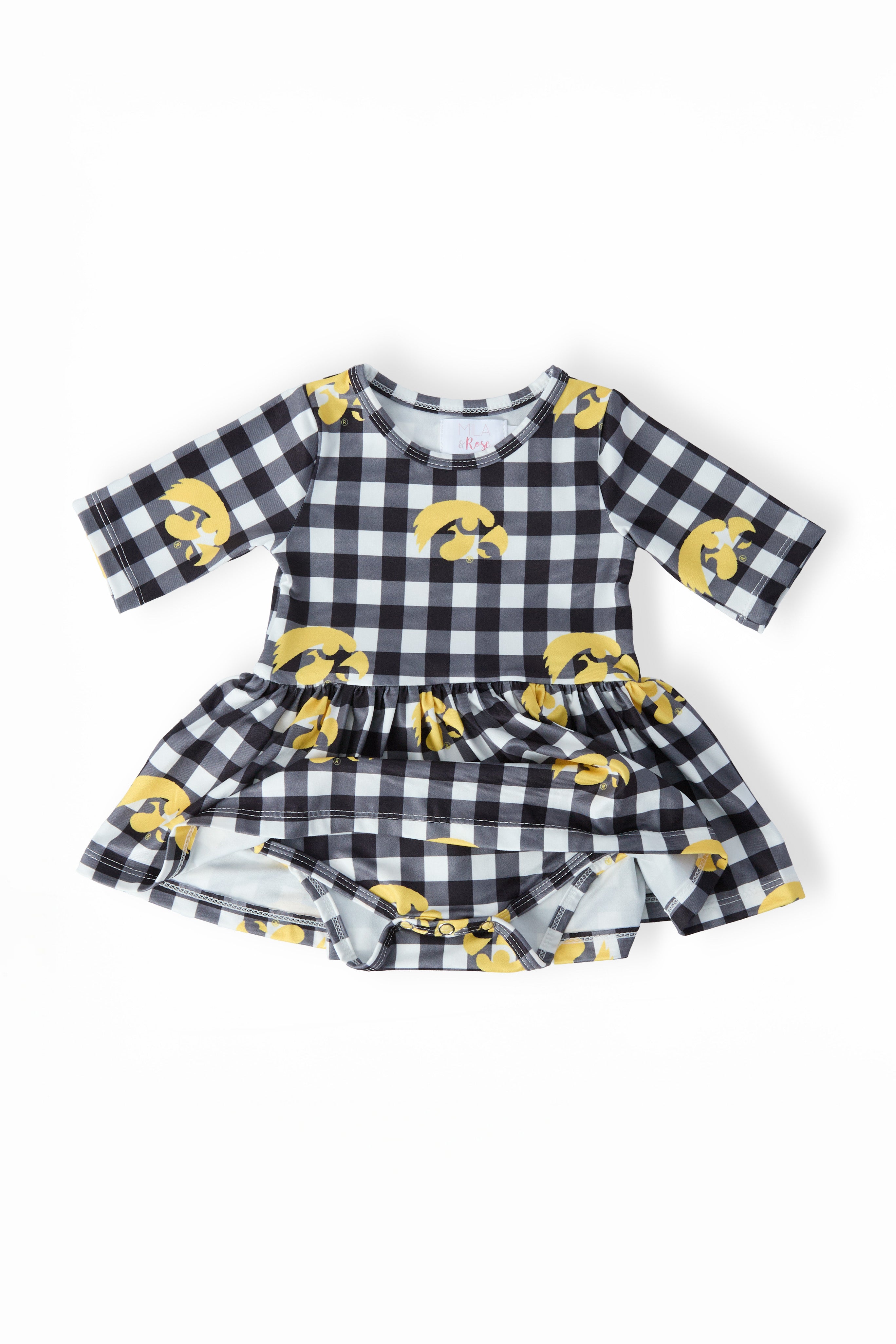 Mila & Rose ® Iowa Plaid Tigerhawk 3/4 Sleeve Twirl Bodysuit — detail close-up