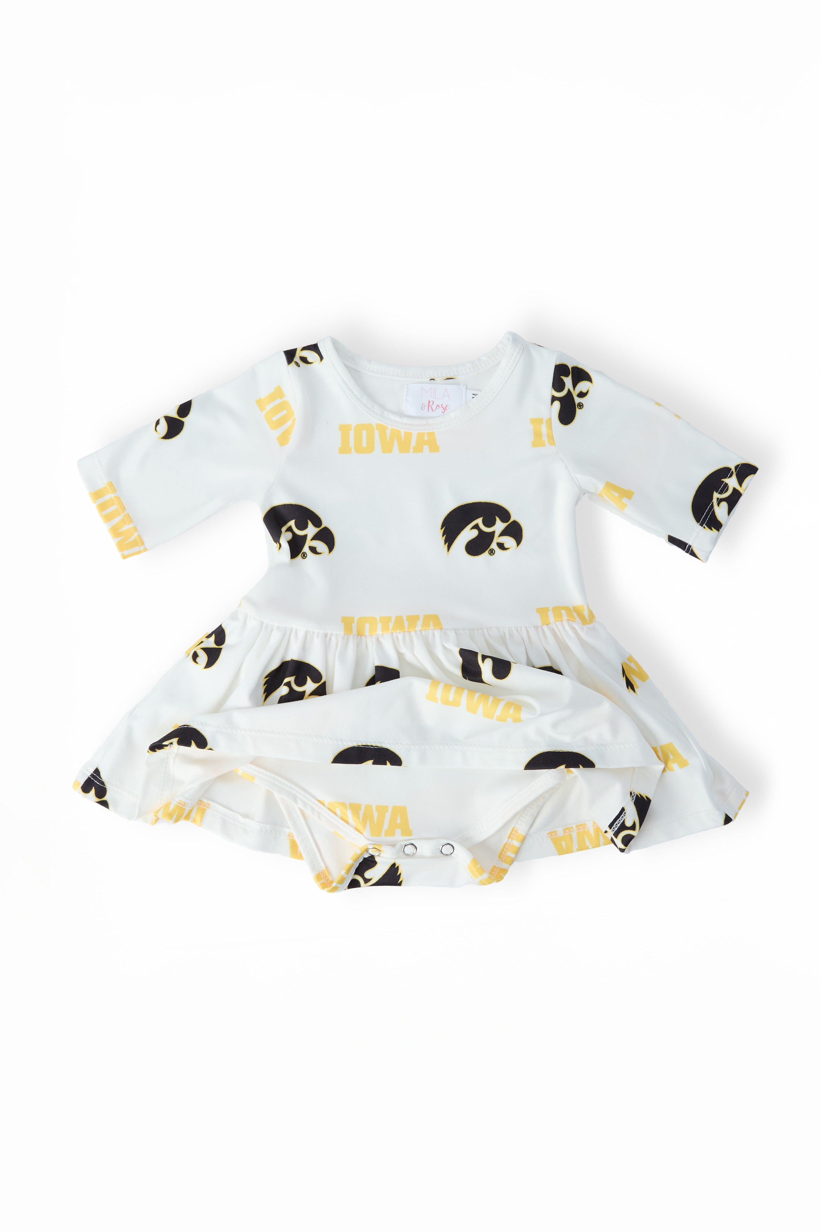 Mila & Rose ® Iowa White Tigerhawk 3/4 Sleeve Twirl Bodysuit — detail close-up
