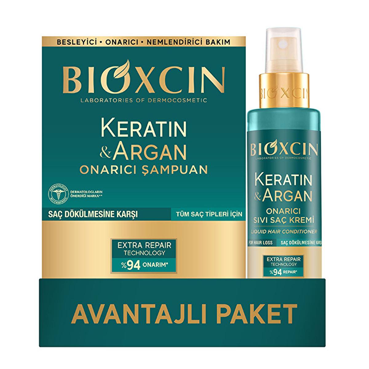 Bioxcin Keratin & Argan Oil Hair Repair Set: Shampoo & Leave-In Conditioner for Damaged Hair, Anti Hair Loss & Intense Hydration