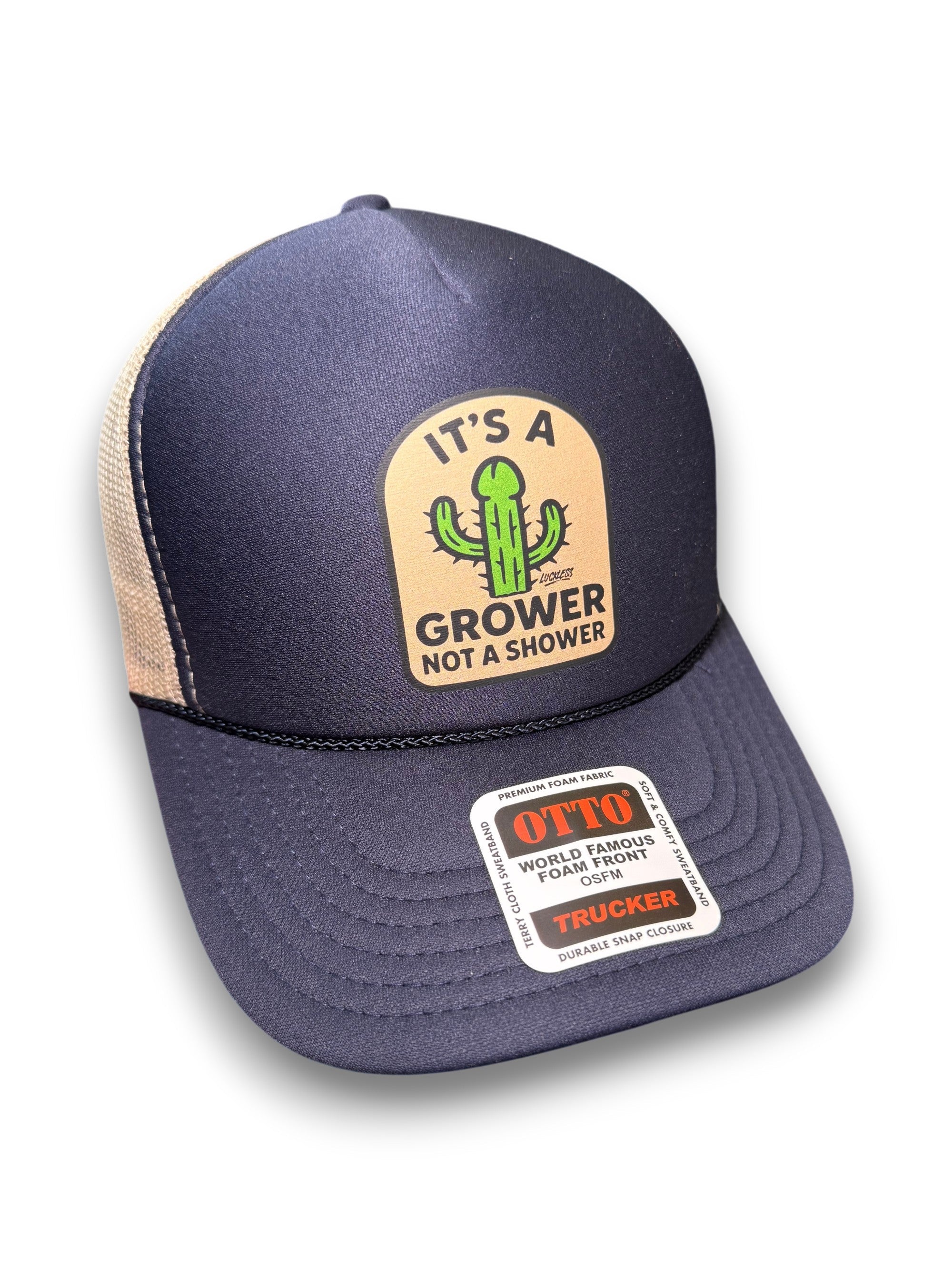 Luckless Outfitters Its a Grower Not A Shower | Funny Trucker Hat — main product shot