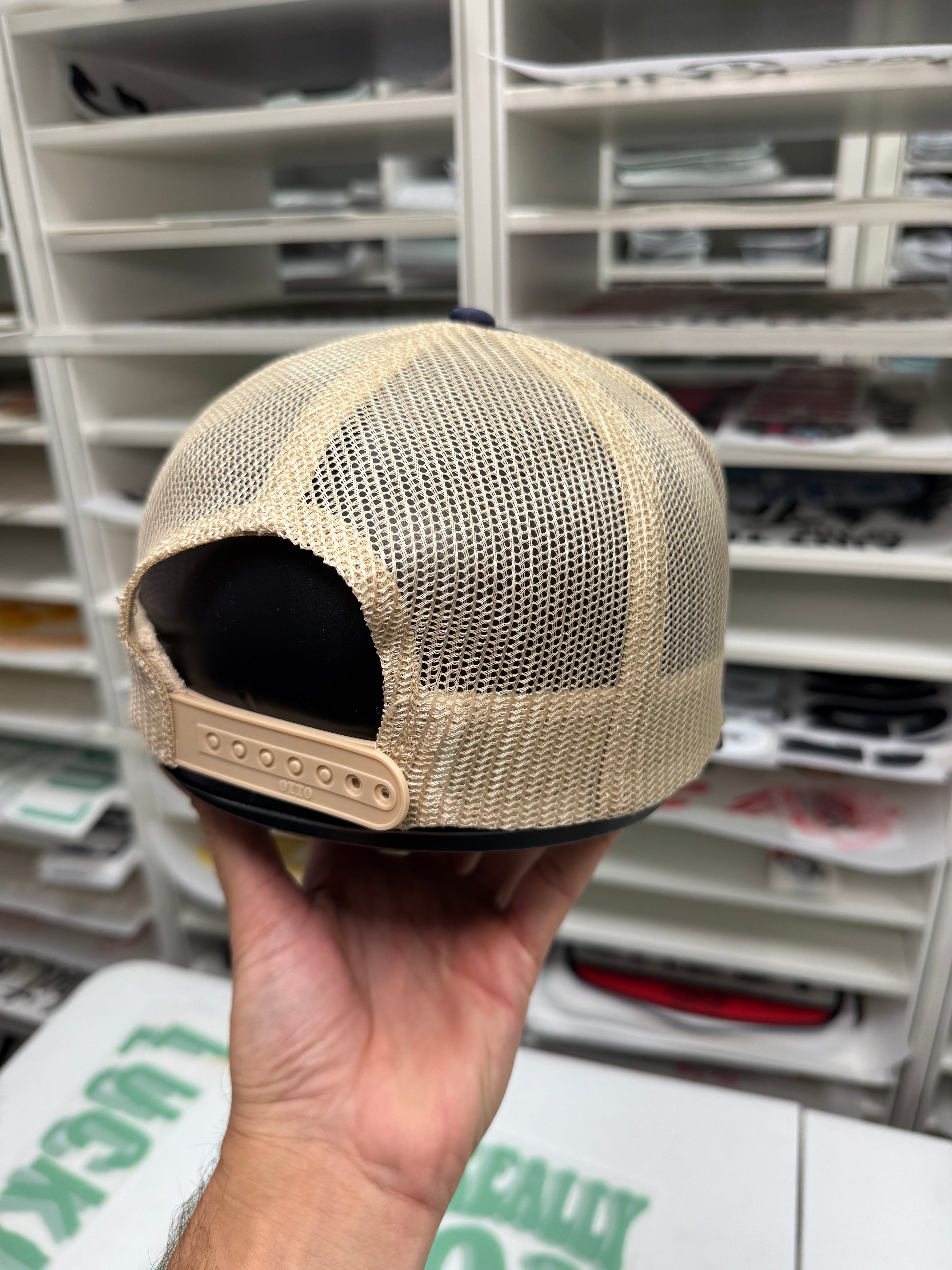 Luckless Outfitters Its a Grower Not A Shower | Funny Trucker Hat — detail close-up