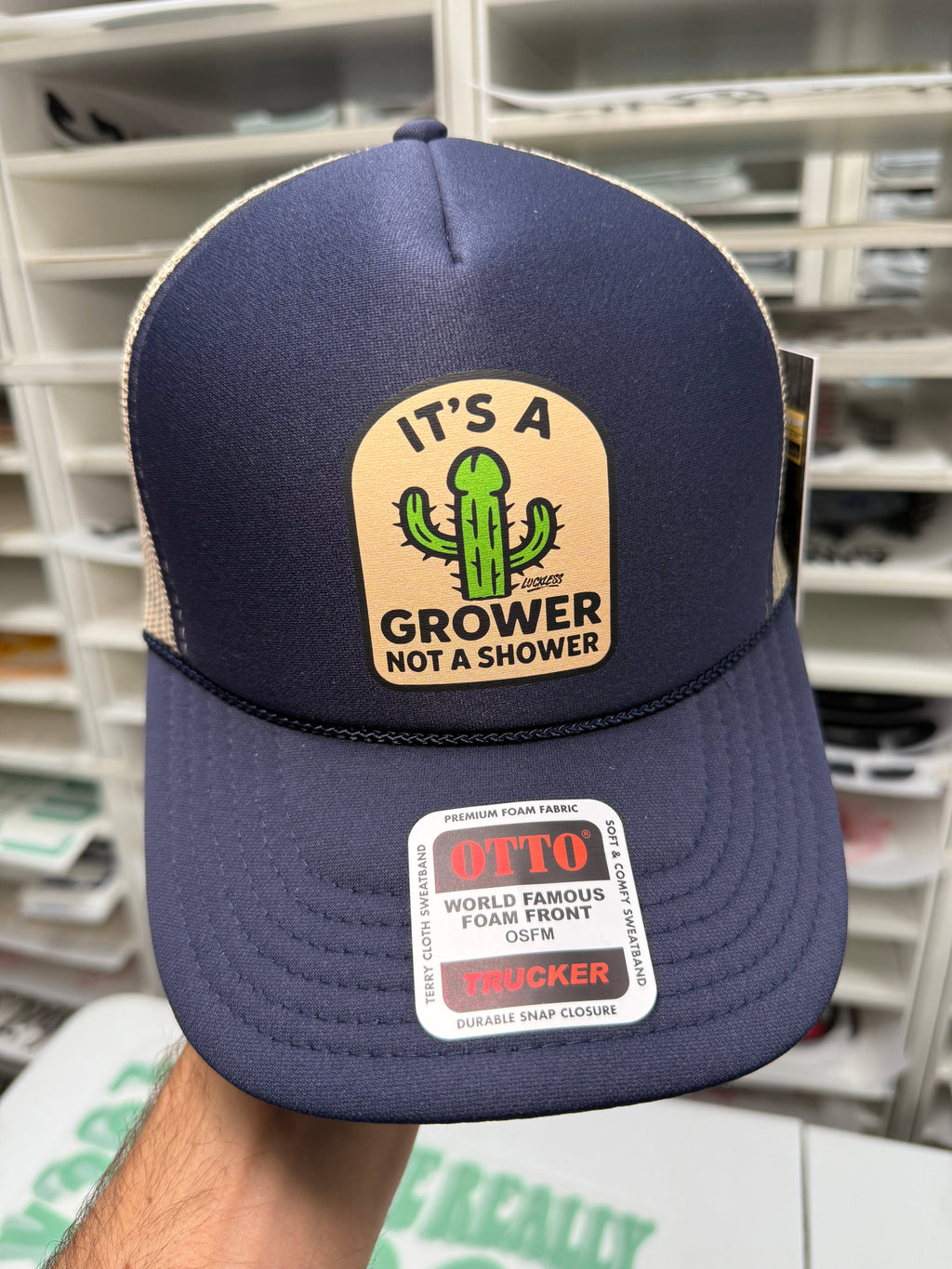Luckless Outfitters Its a Grower Not A Shower | Funny Trucker Hat — back view