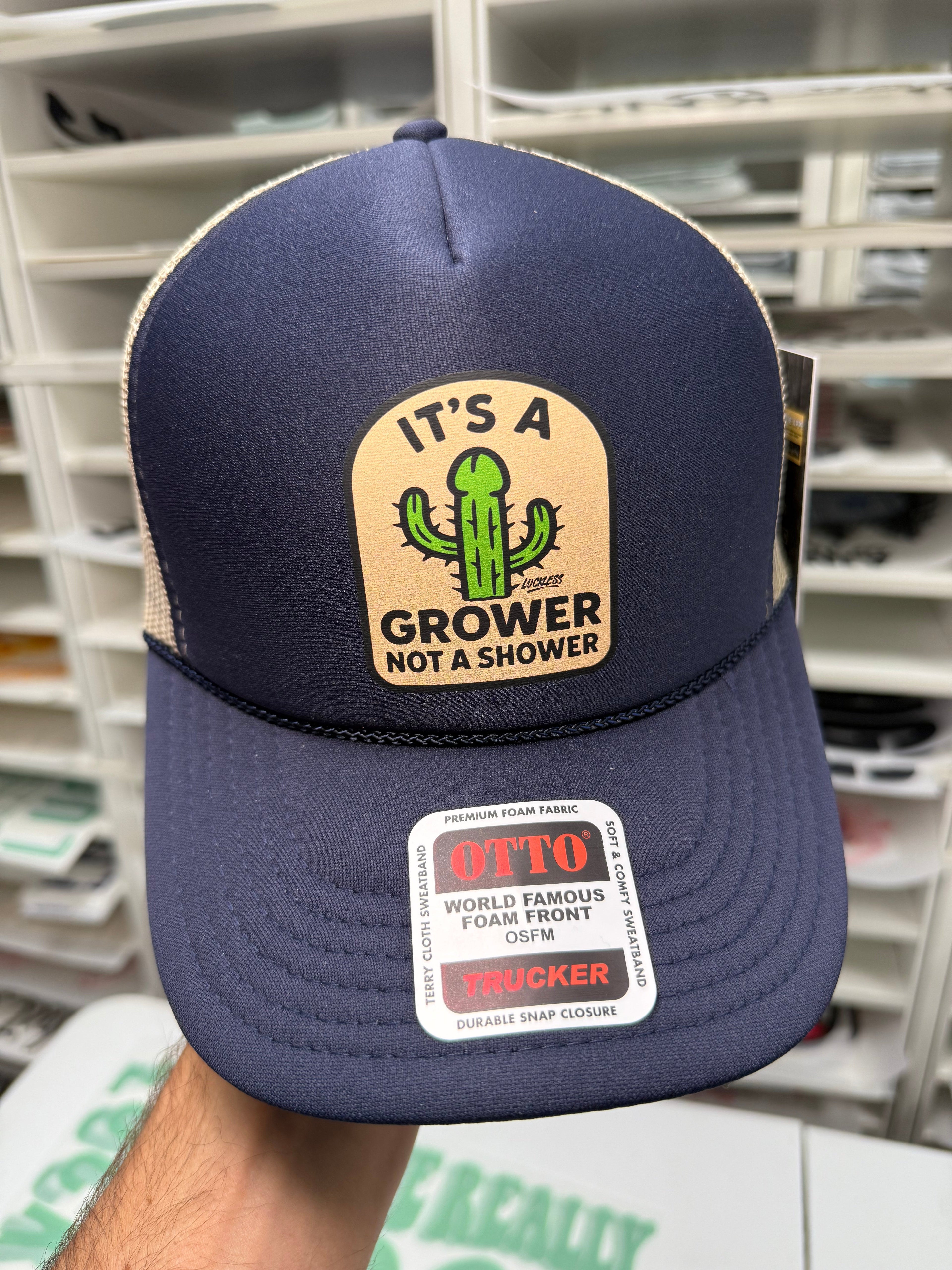 Luckless Outfitters Its a Grower Not A Shower | Funny Trucker Hat — back view