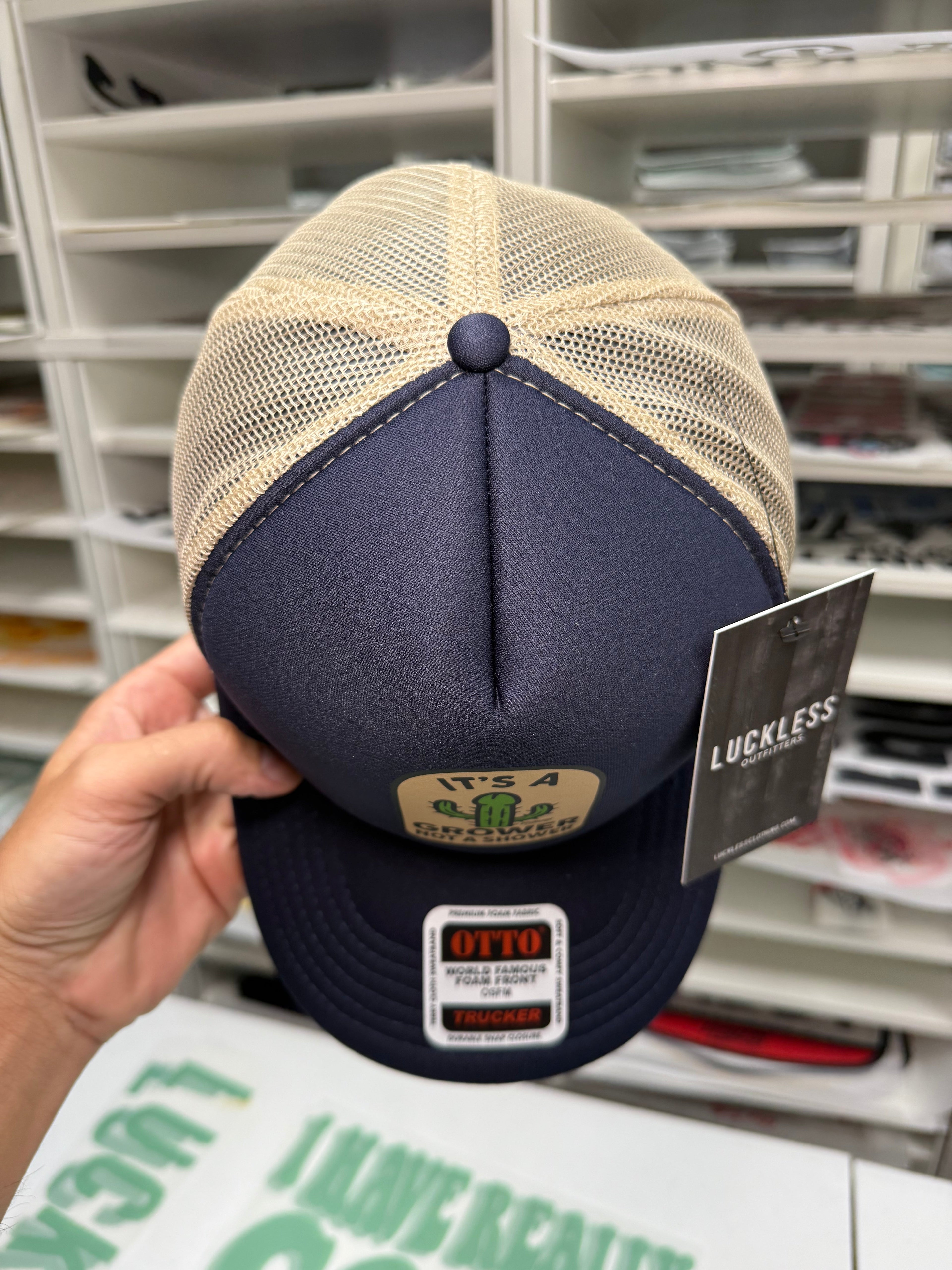 Luckless Outfitters Its a Grower Not A Shower | Funny Trucker Hat — side view