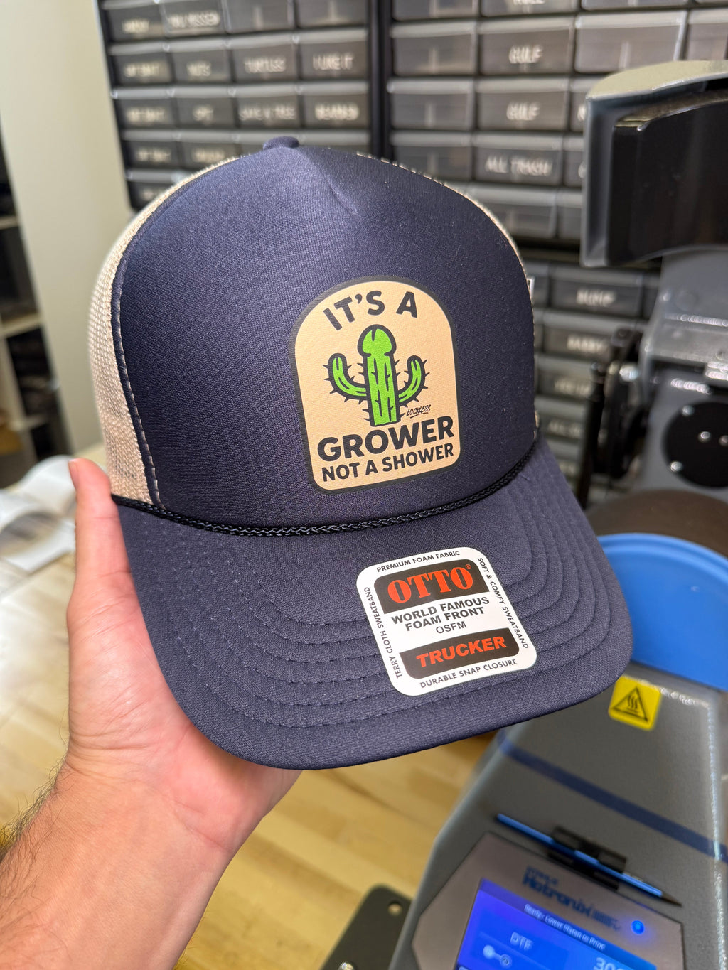 Luckless Outfitters Its a Grower Not A Shower | Funny Trucker Hat — in-use photo