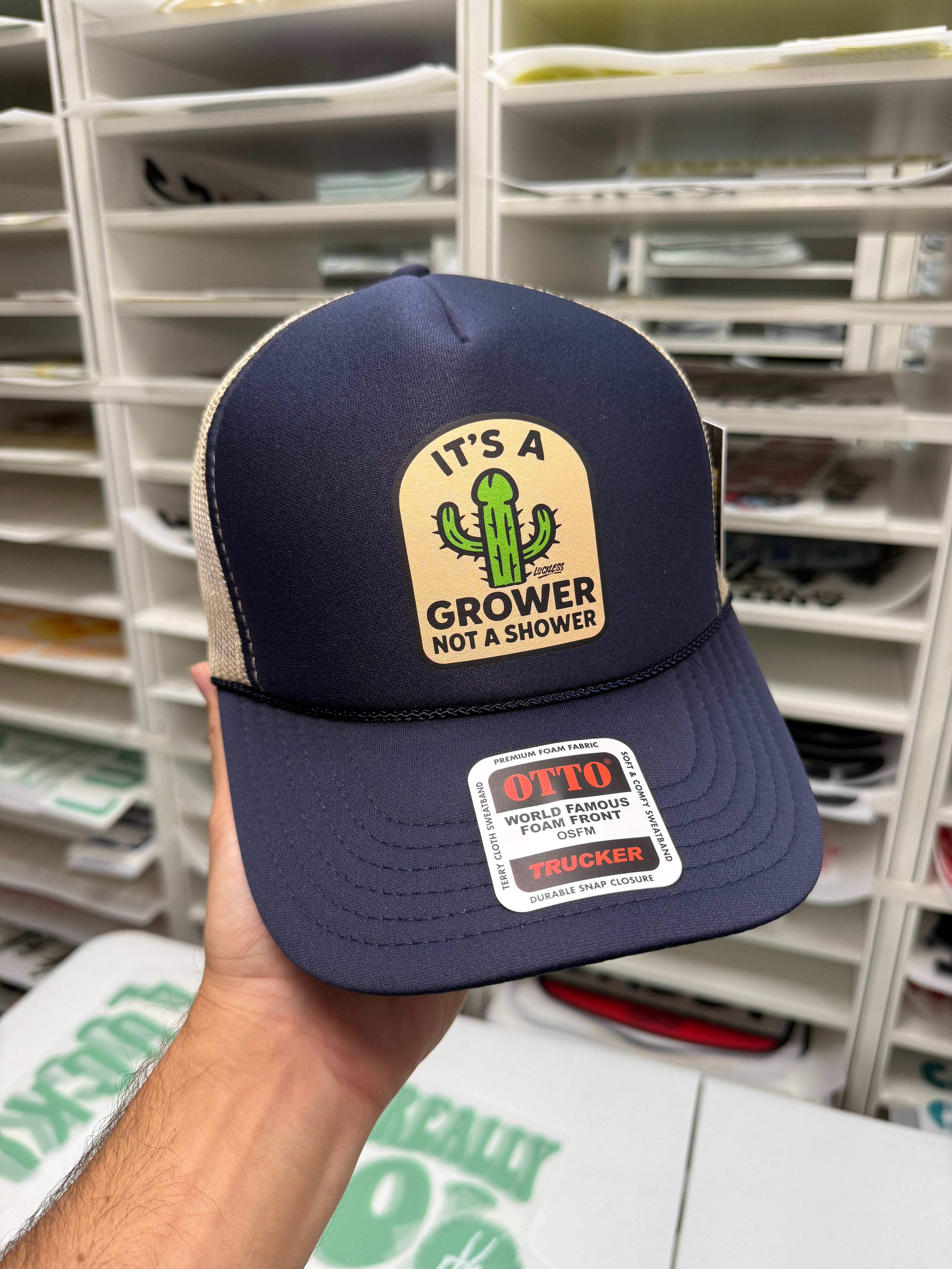 Luckless Outfitters Its a Grower Not A Shower | Funny Trucker Hat — size reference