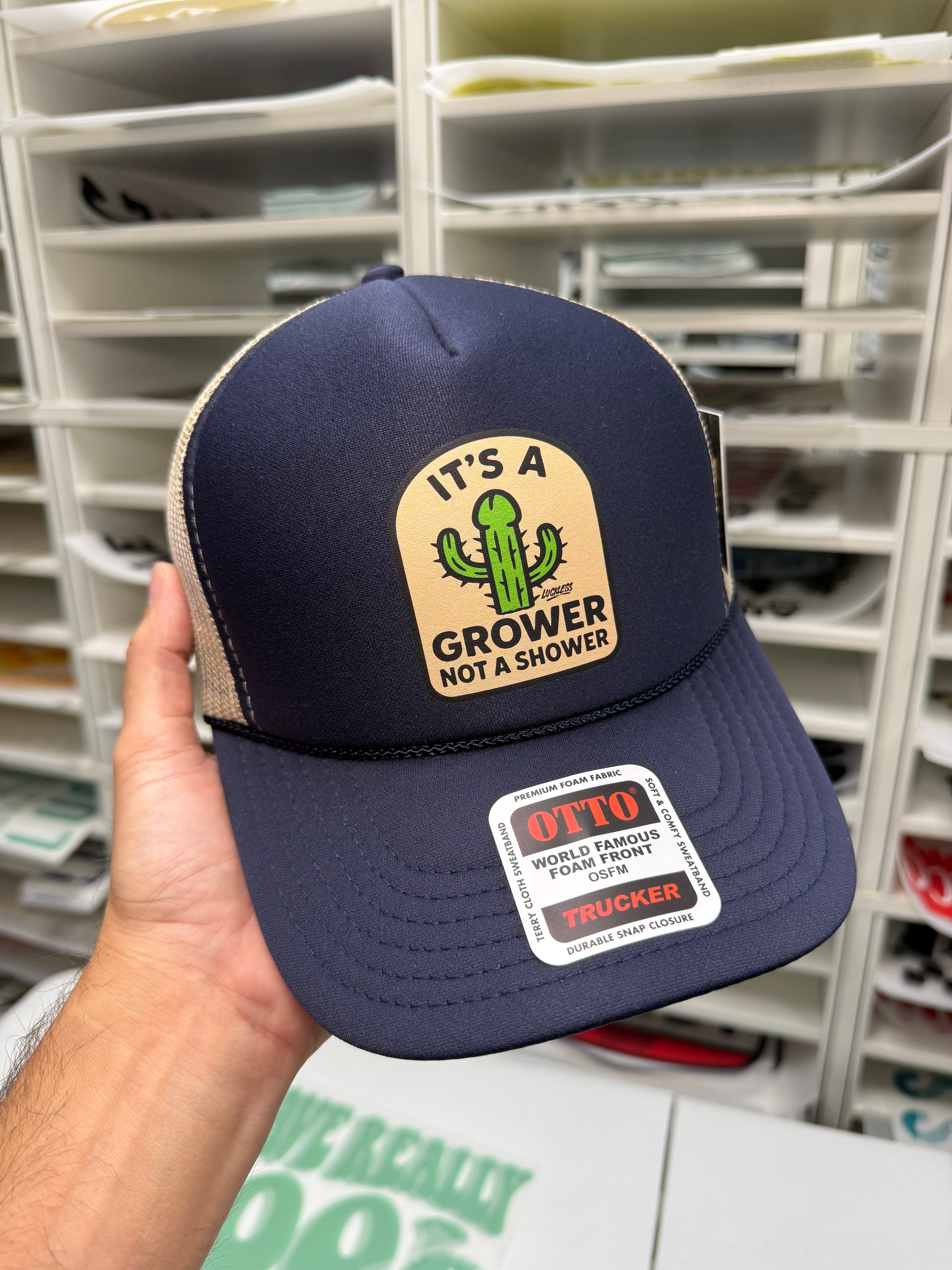 Luckless Outfitters Its a Grower Not A Shower | Funny Trucker Hat — alternative angle