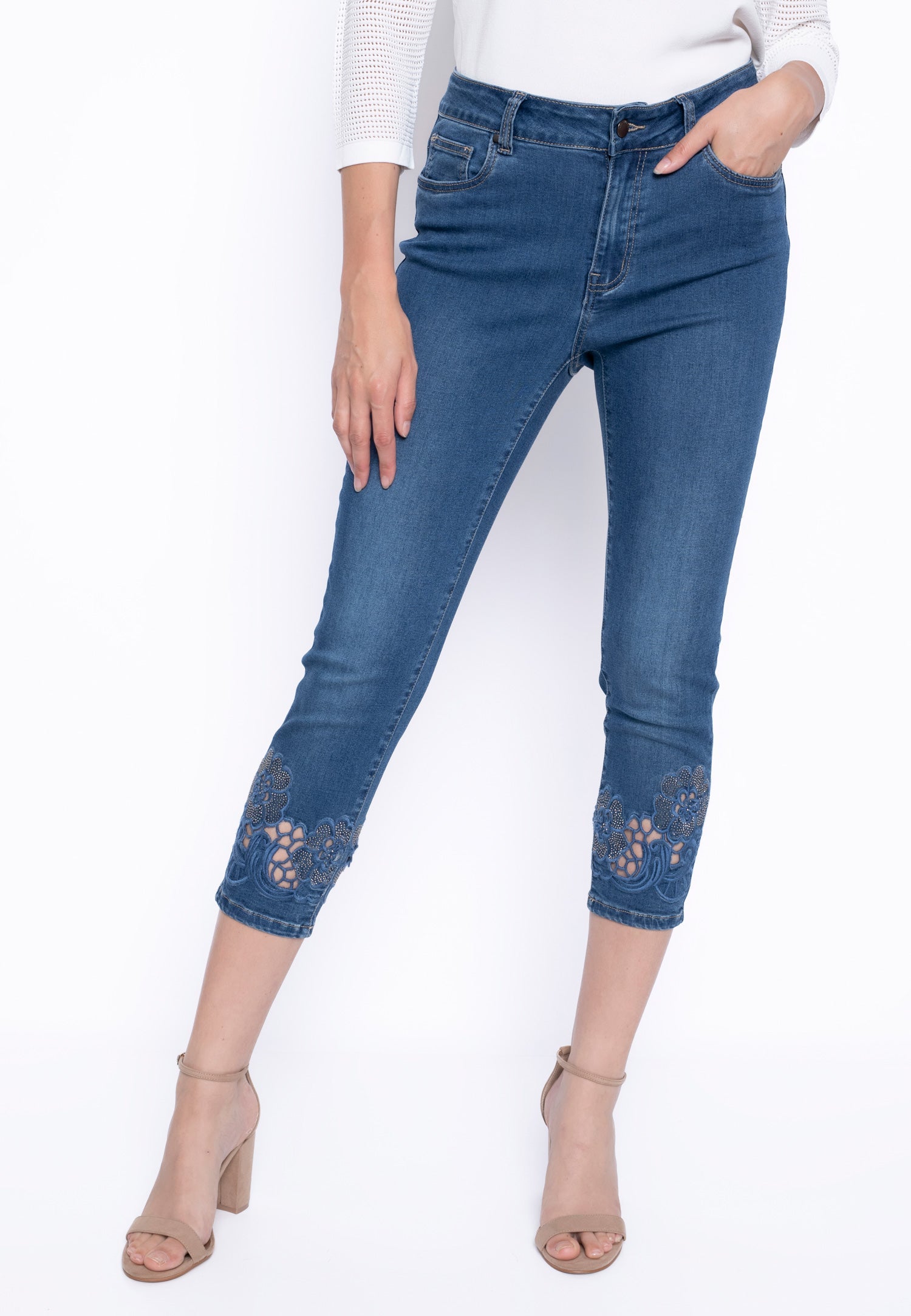 KADOU BOUTIQUE Rhinestone Cutout Embroidery Deep Denim Jeans — main product shot