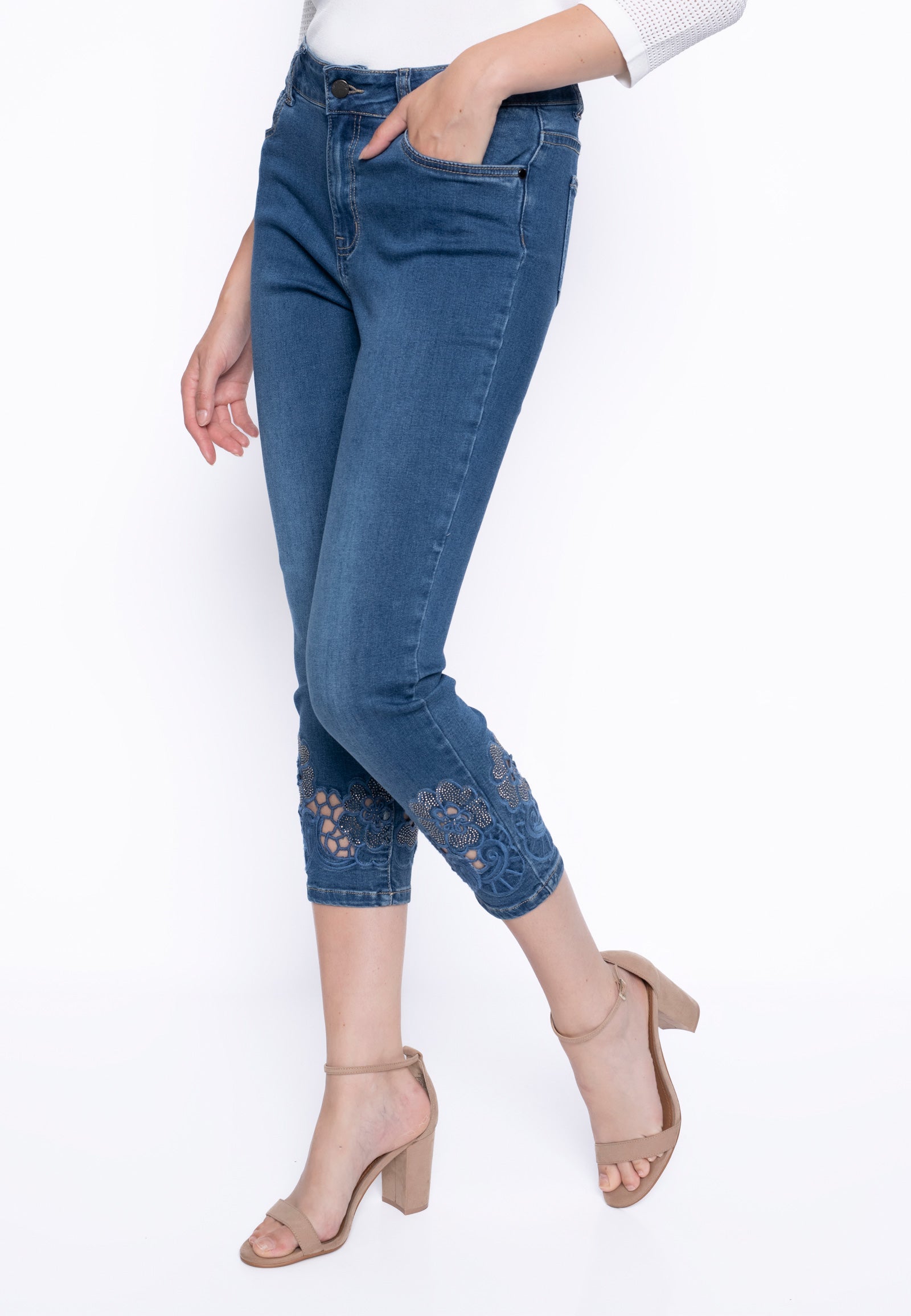 KADOU BOUTIQUE Rhinestone Cutout Embroidery Deep Denim Jeans — lifestyle context