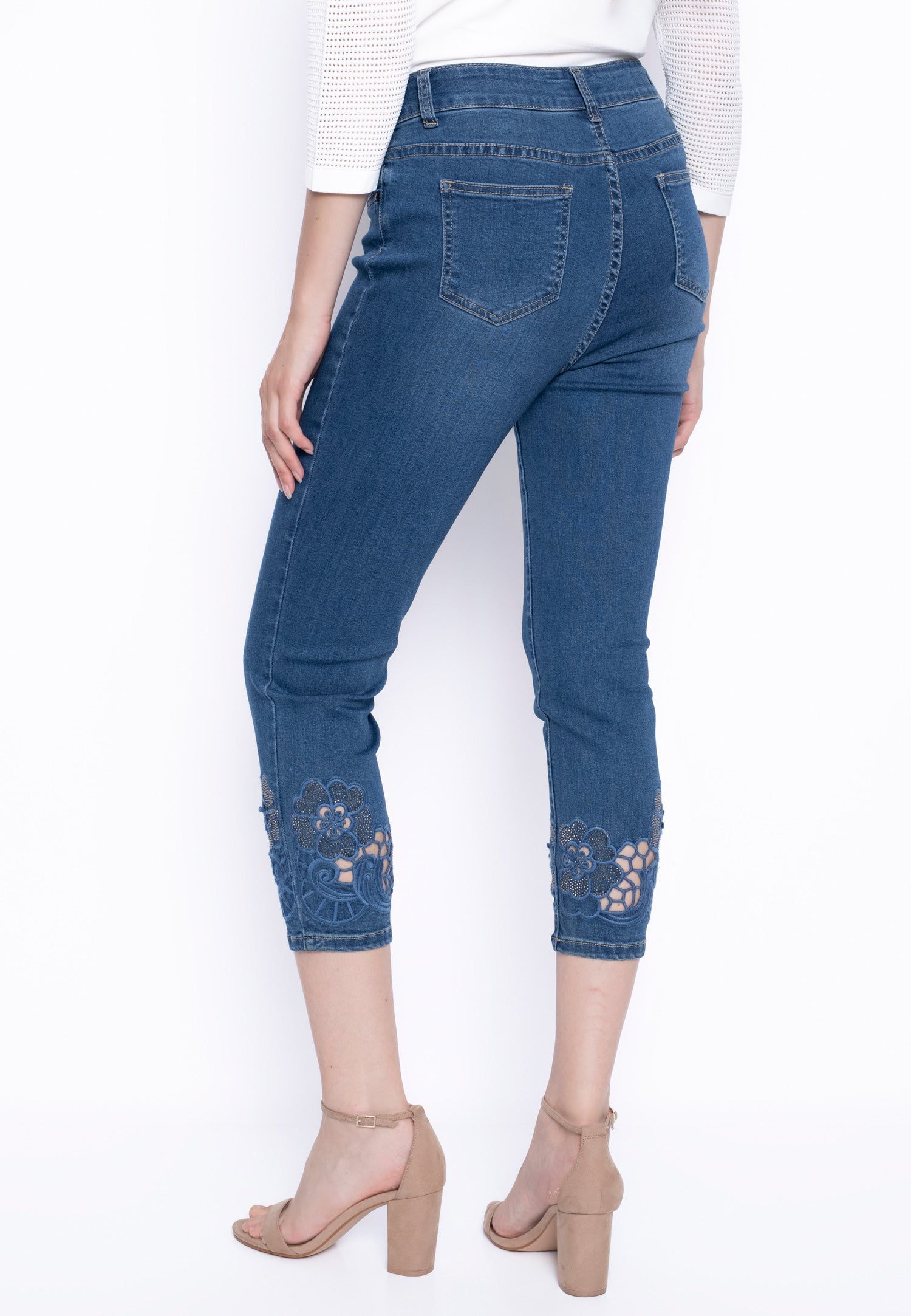 KADOU BOUTIQUE Rhinestone Cutout Embroidery Deep Denim Jeans — detail close-up