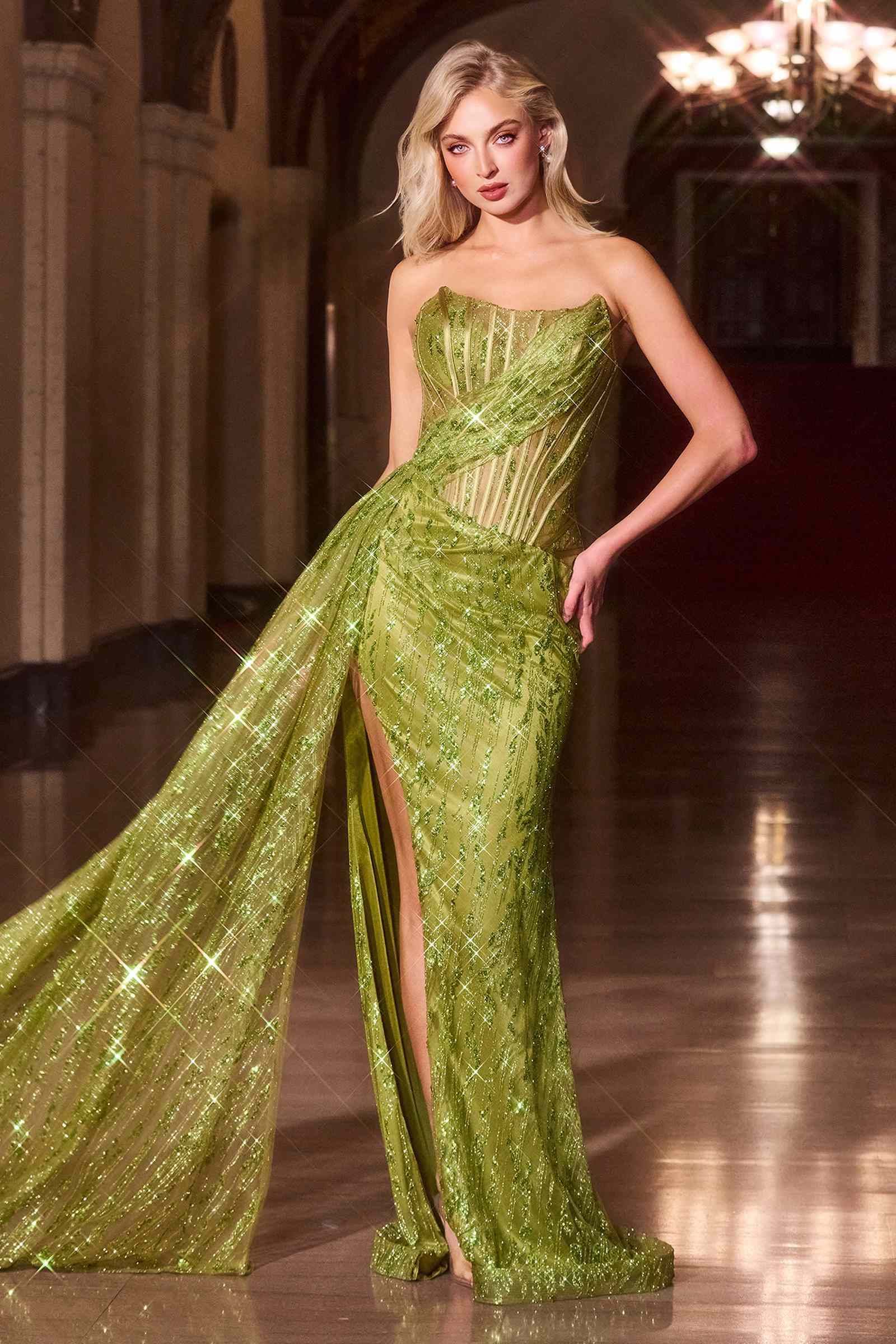 Ladivine J872 Long Strapless Glitter Embellished Leg Slit Evening Gown