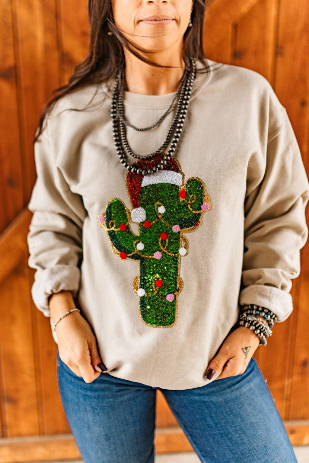 Wild Junkie Christmas Cactus Sequins Patch Sweatshirt — main product shot