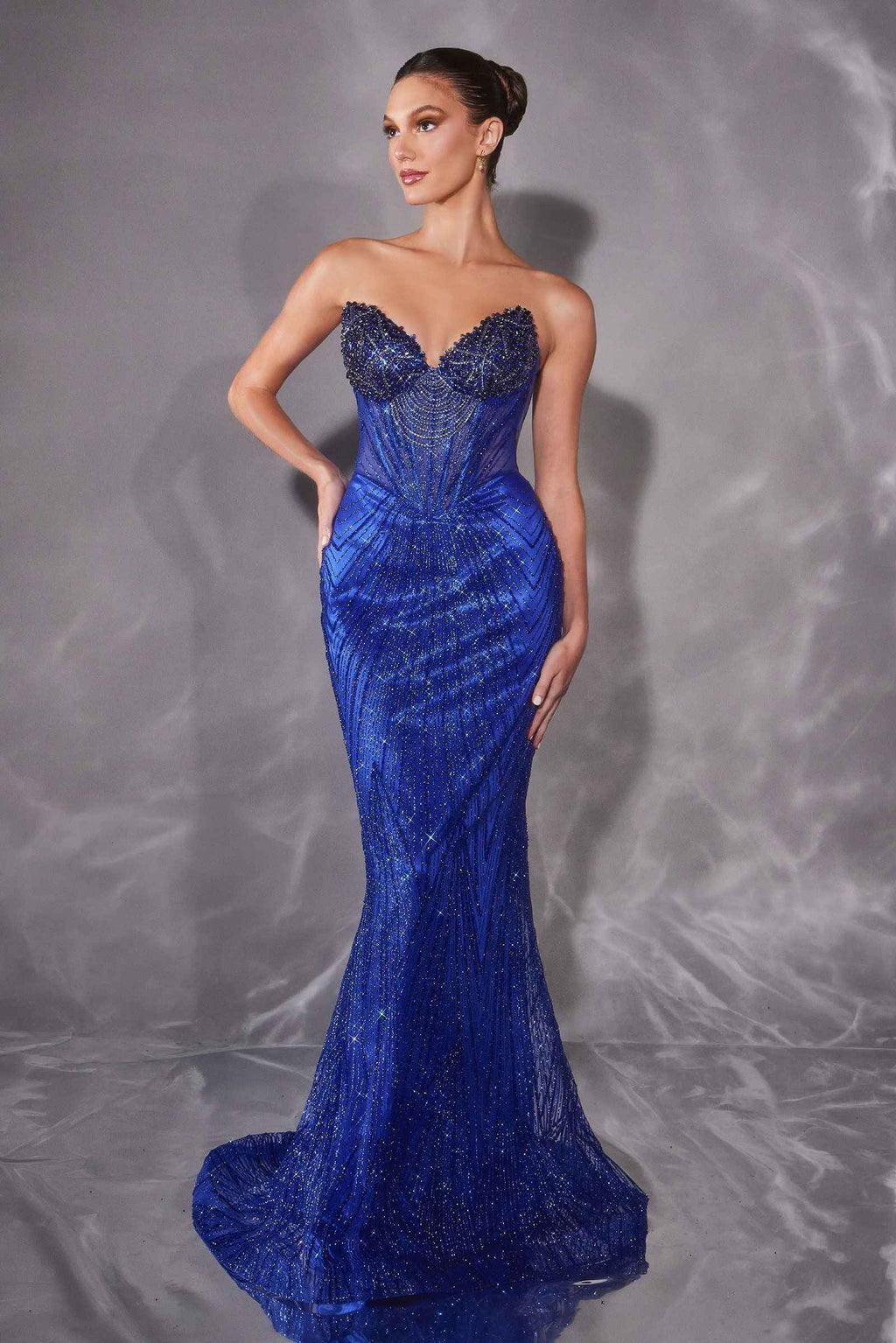 Ladivine J903 Lavish Crystal Encrusted Sheer Corset Bodice Fitted Gown
