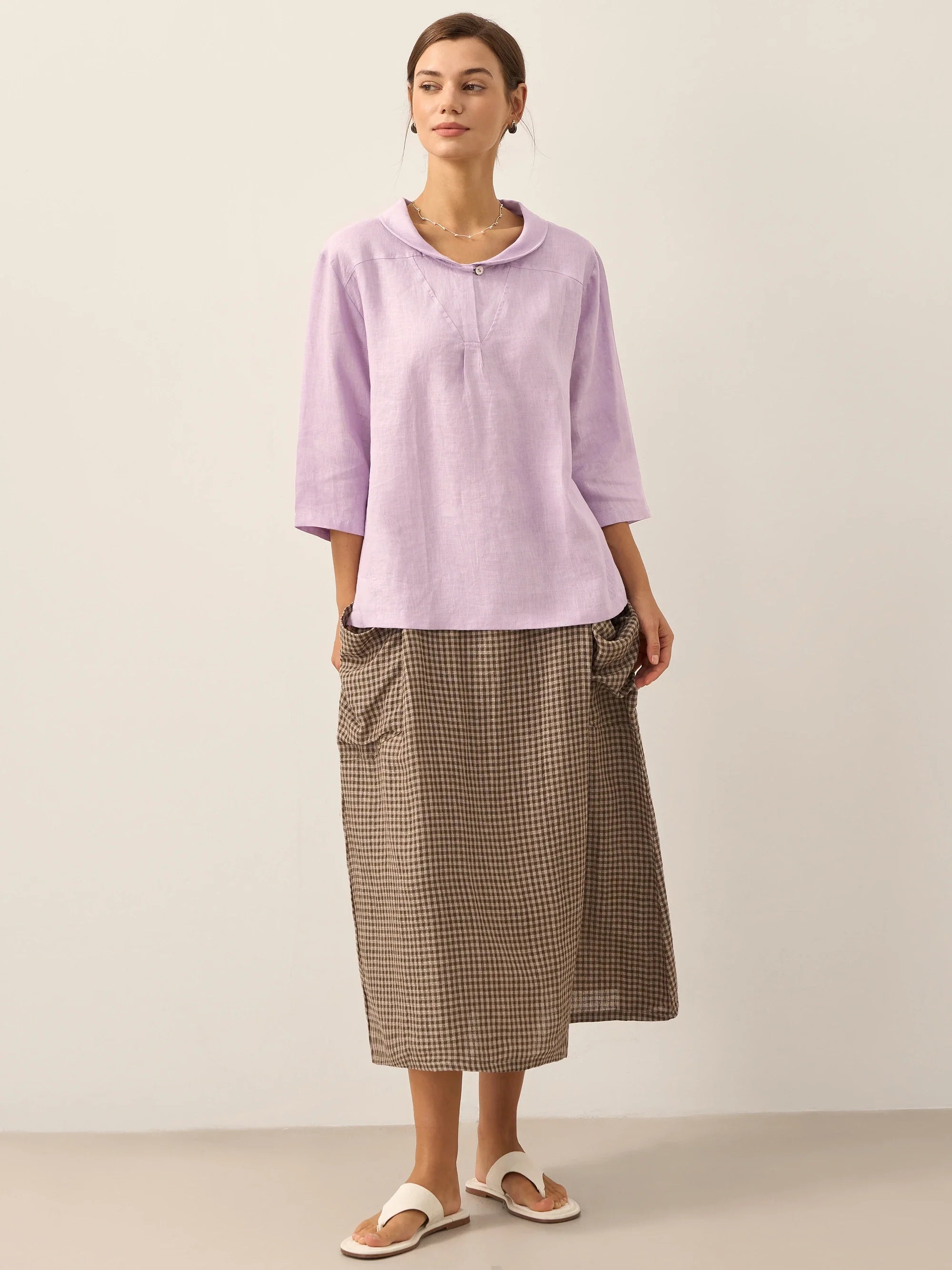 LINTICO 100% Linen Shawl V-Neck Half Sleeve Top JADE — side view