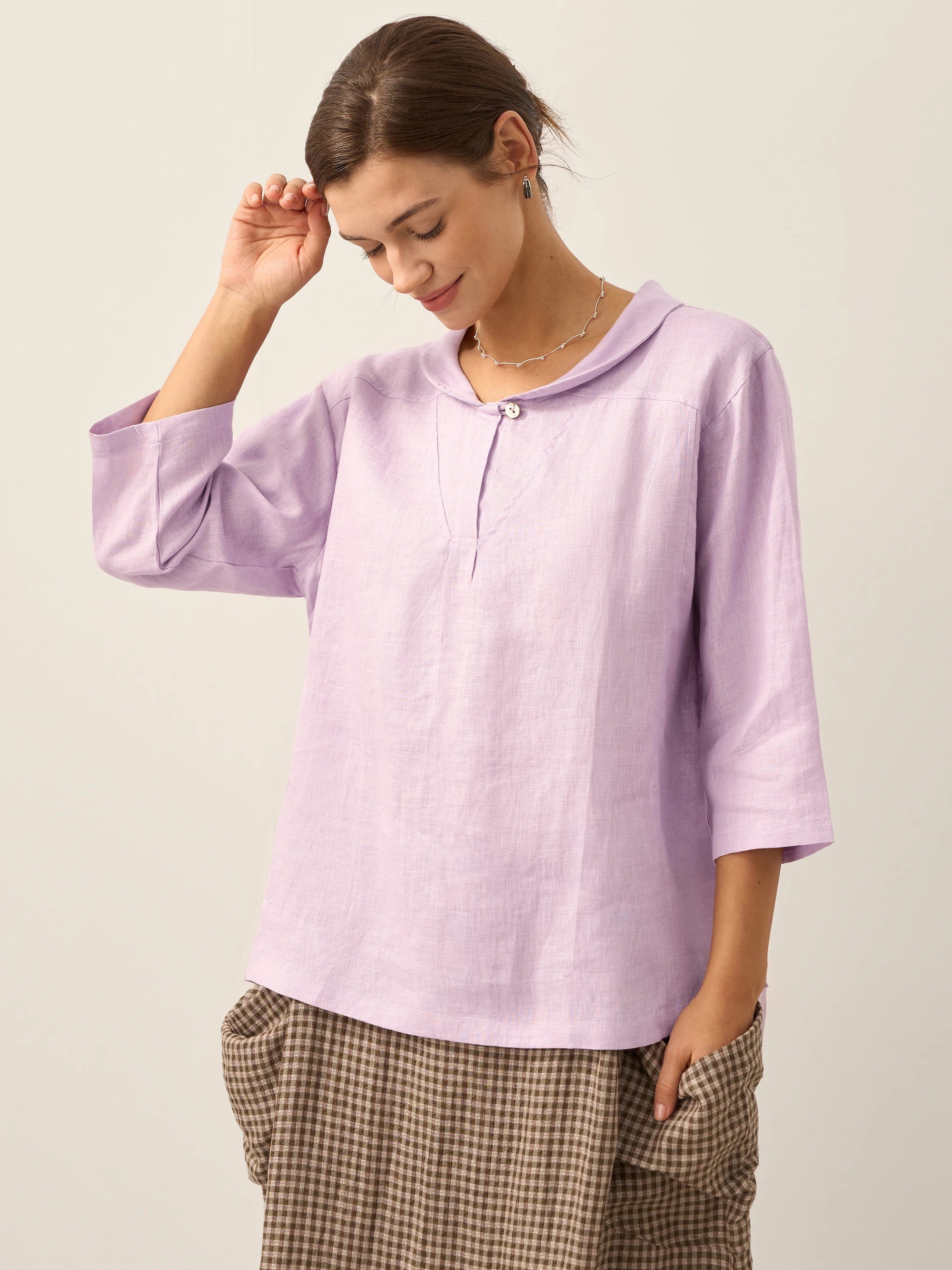 LINTICO 100% Linen Shawl V-Neck Half Sleeve Top JADE — feature highlight