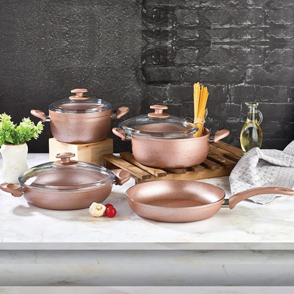 Papilla Pink Tuscany 7-Piece Non-Stick Cookware Set - Durable Aluminium Pots and Pans with Ergonomic Design