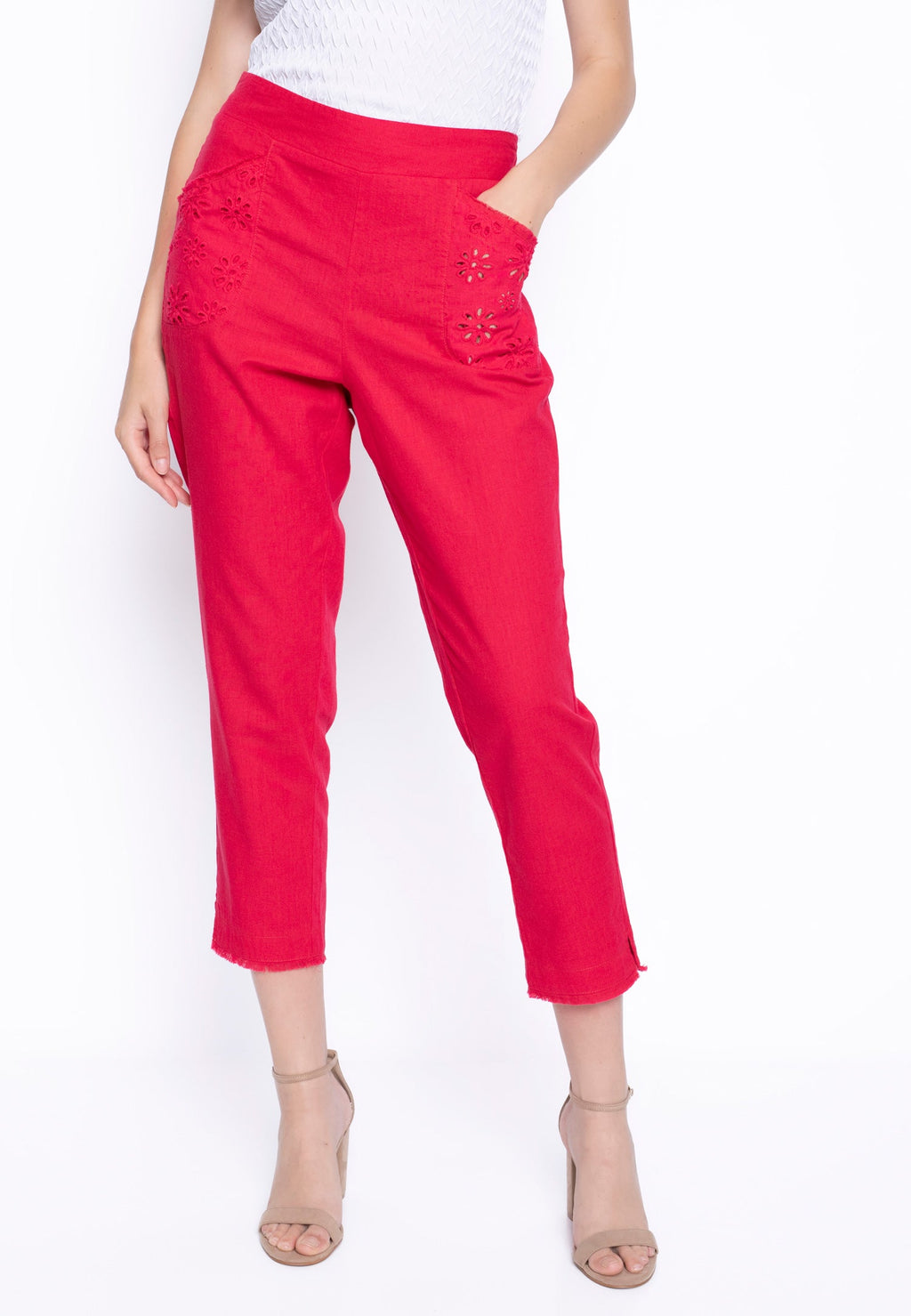 KADOU BOUTIQUE Eyelet Pull-On Straight Leg Pants by Picadilly — detail close-up