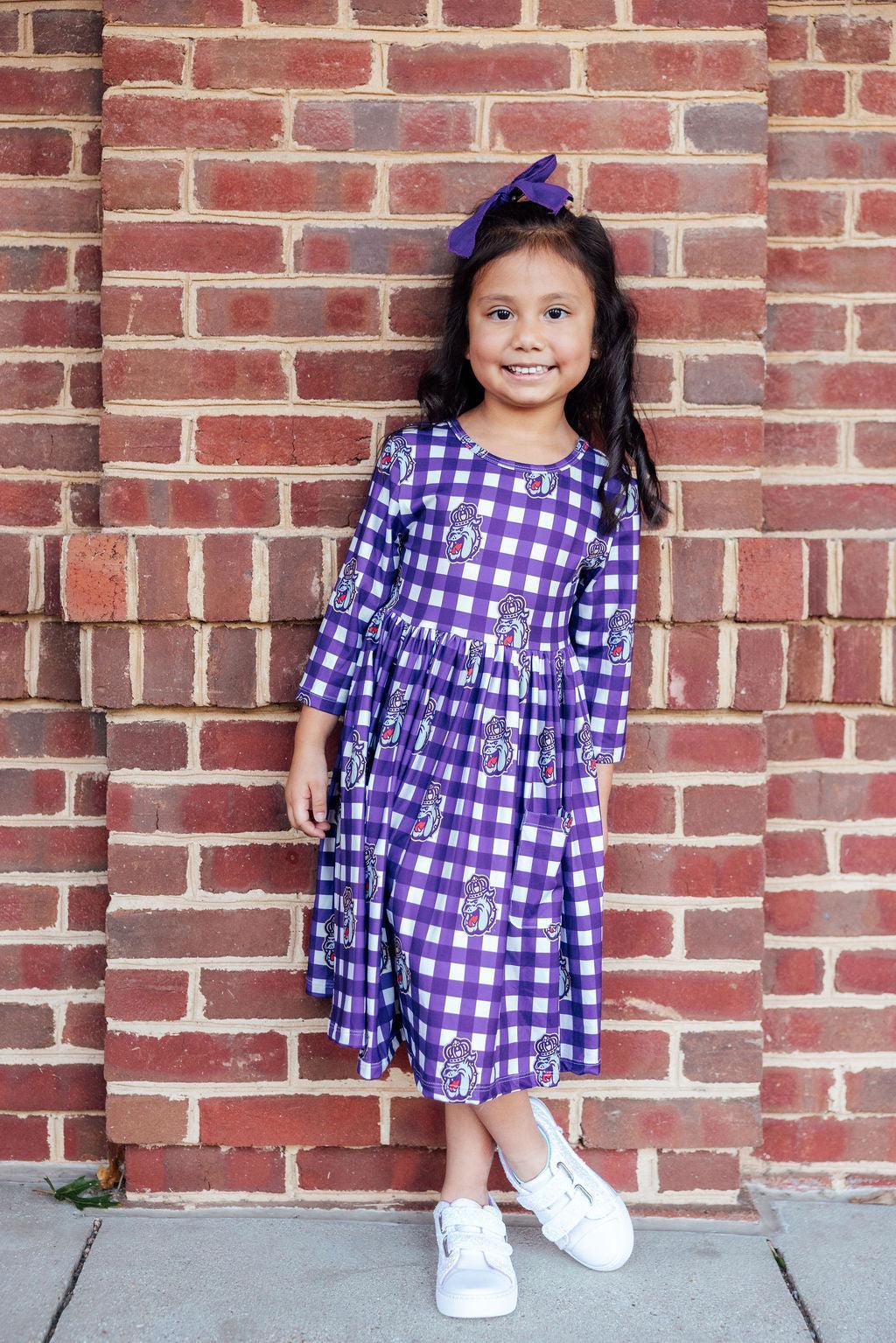Mila & Rose ® JMU Plaid Duke Dog 3/4 Sleeve Pocket Twirl Dress — back view