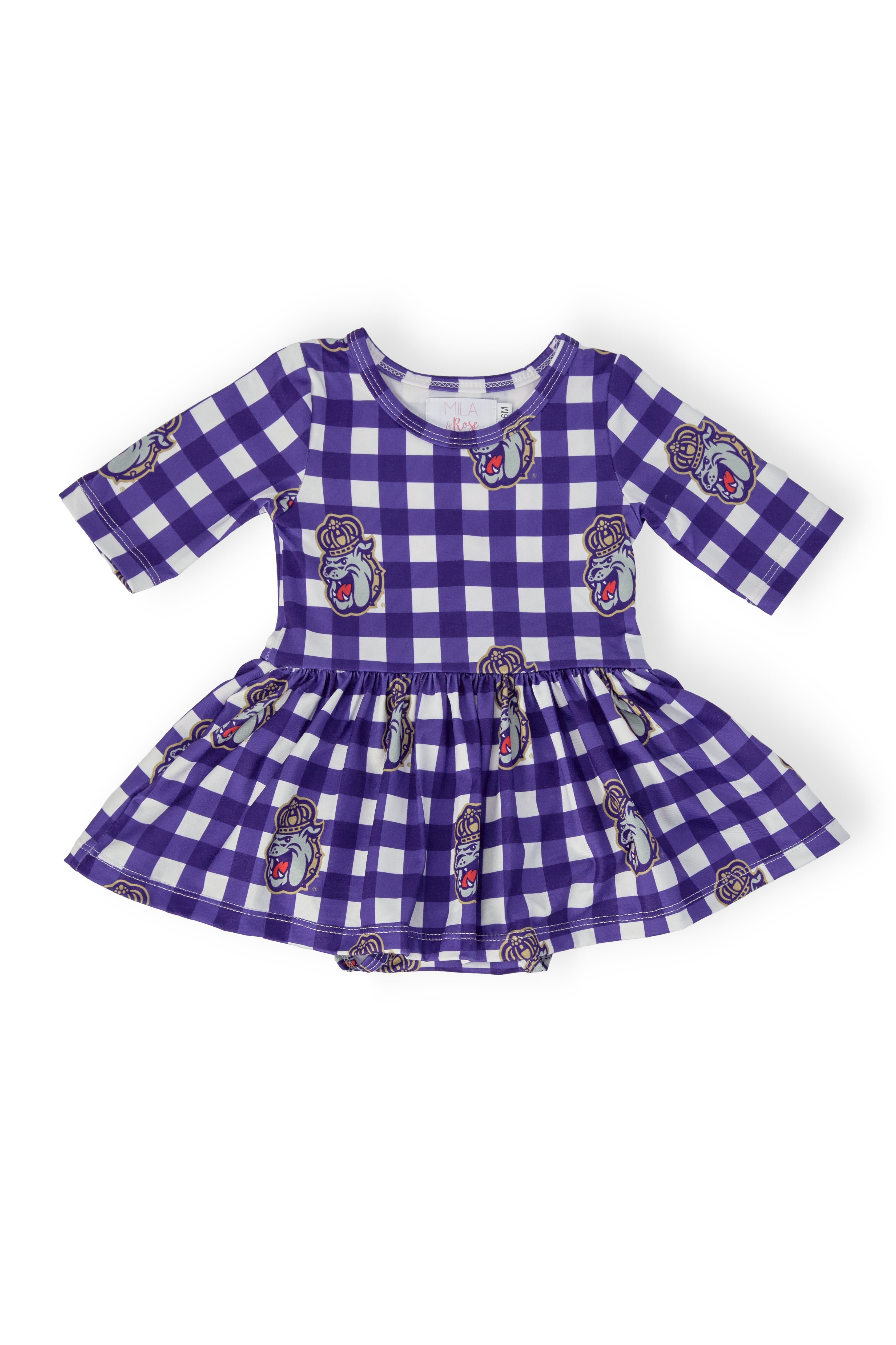 Mila & Rose ® JMU Plaid Duke Dog 3/4 Sleeve Twirl Bodysuit — main product shot