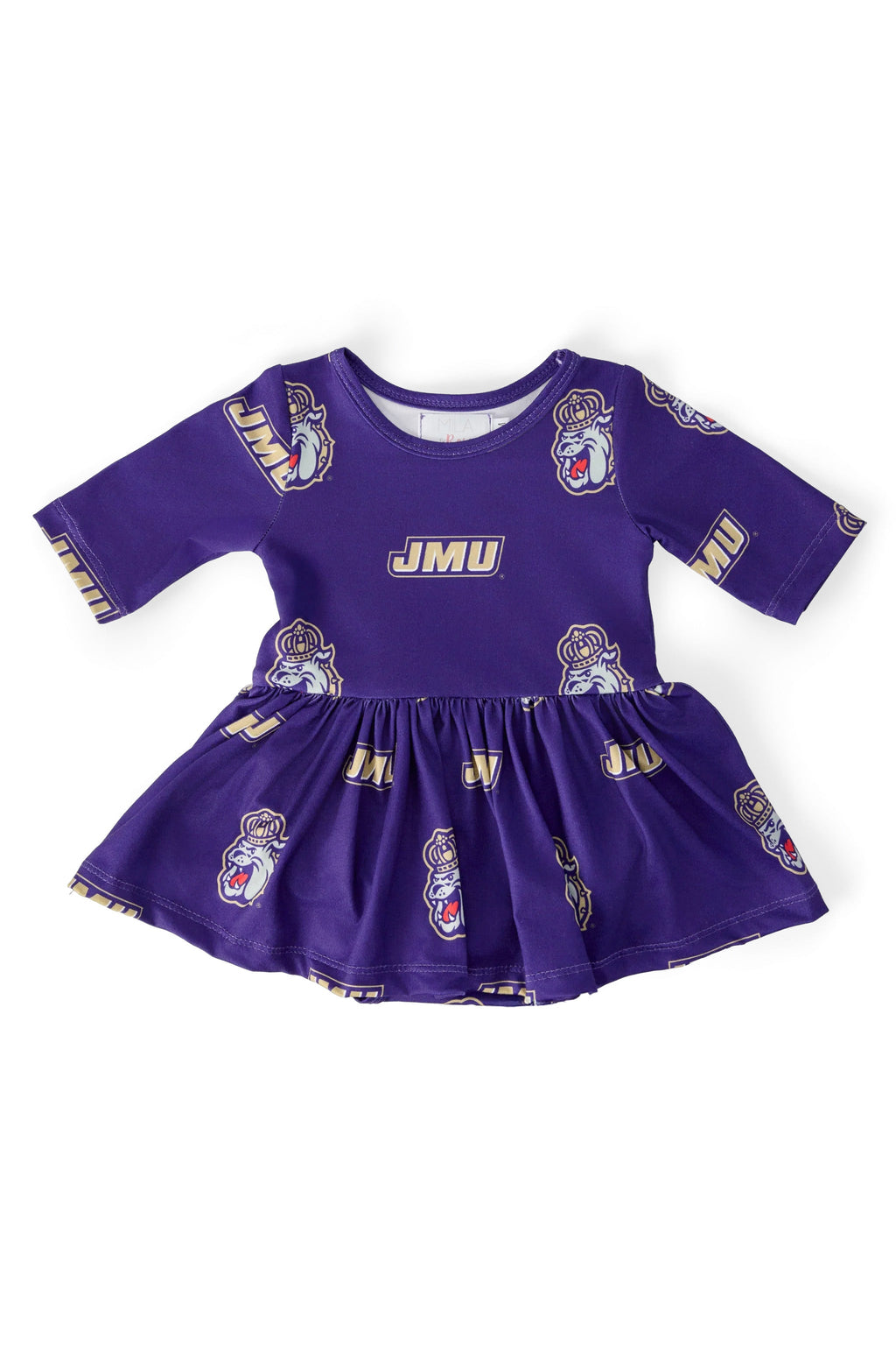 Mila & Rose ® JMU Purple Duke Dog 3/4 Sleeve Twirl Bodysuit — lifestyle context