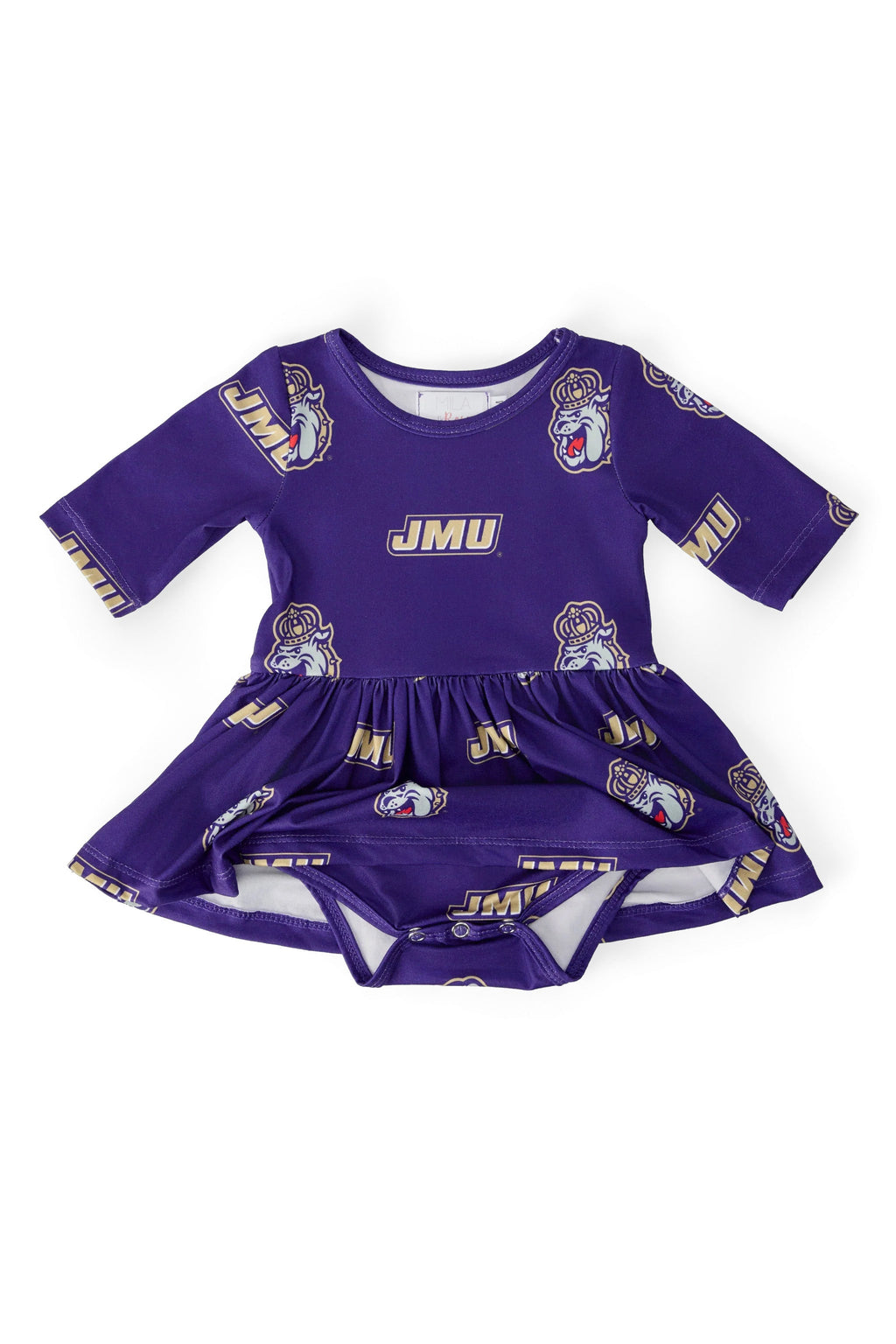 Mila & Rose ® JMU Purple Duke Dog 3/4 Sleeve Twirl Bodysuit — detail close-up