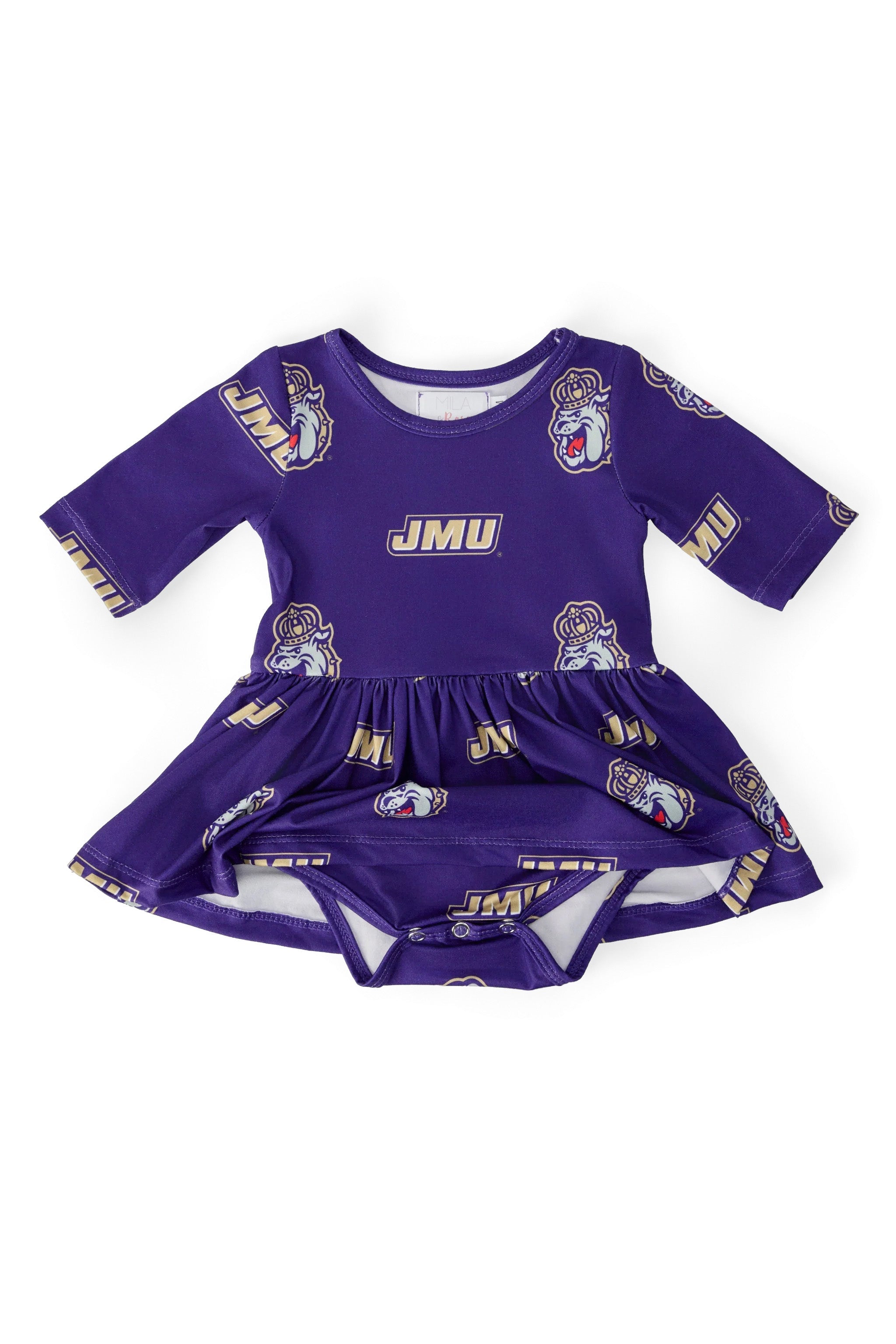Mila & Rose ® JMU Purple Duke Dog 3/4 Sleeve Twirl Bodysuit — detail close-up