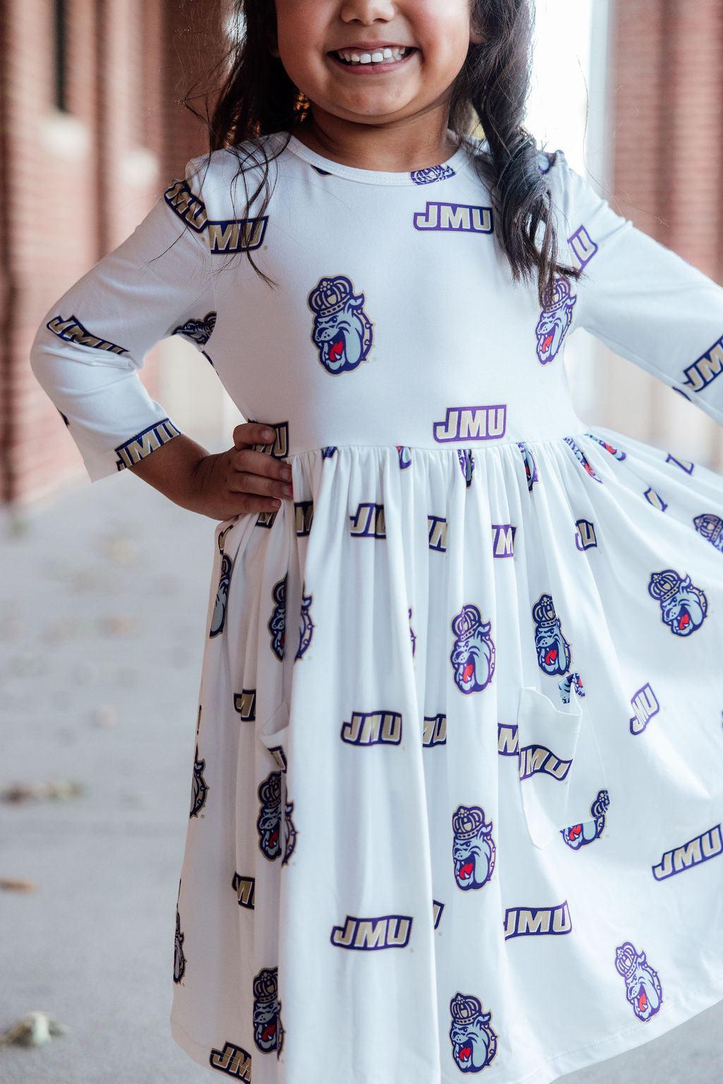 Mila & Rose ® JMU White Duke Dog 3/4 Sleeve Pocket Twirl Dress — main product shot