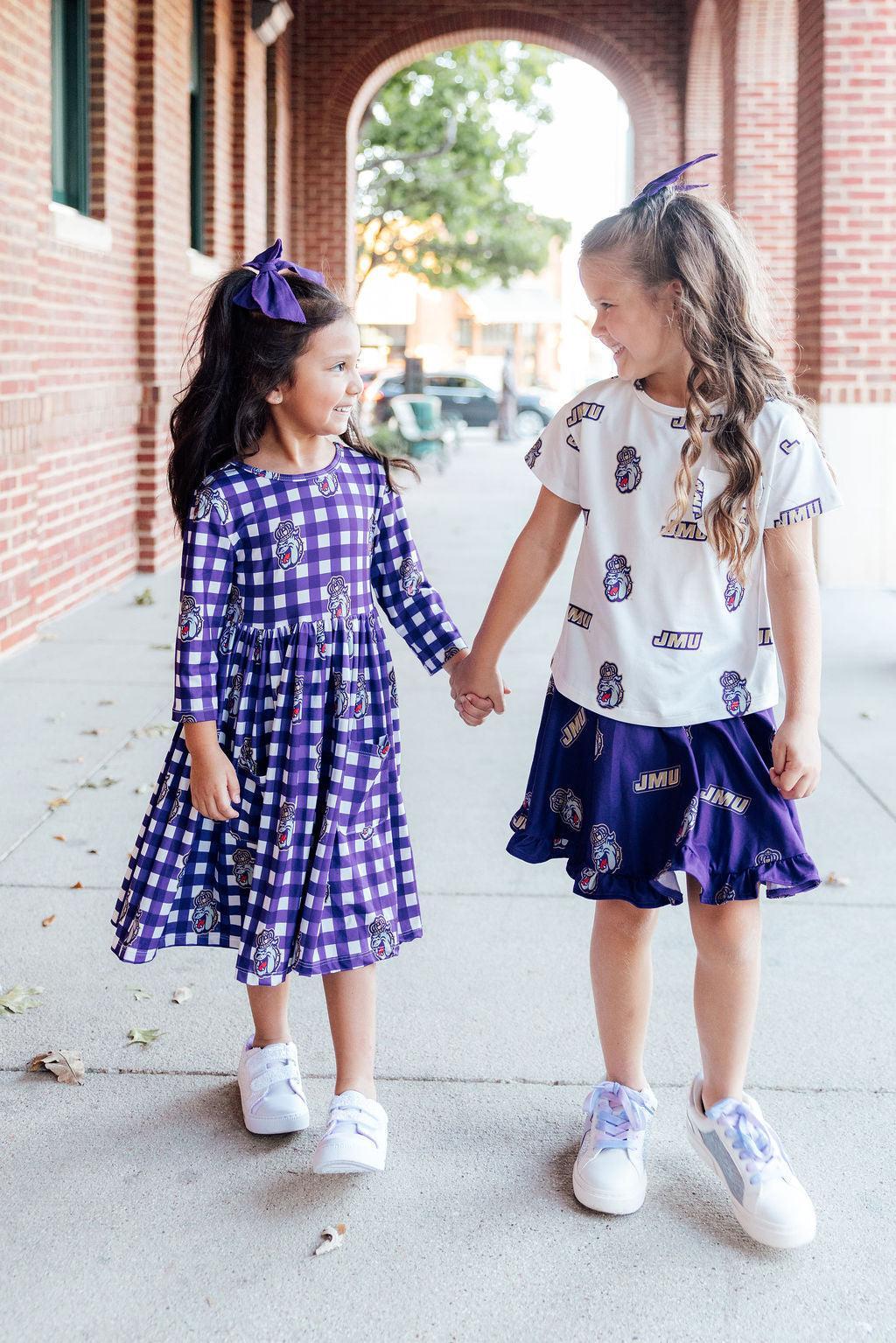 Mila & Rose ® JMU Plaid Duke Dog 3/4 Sleeve Pocket Twirl Dress — detail close-up