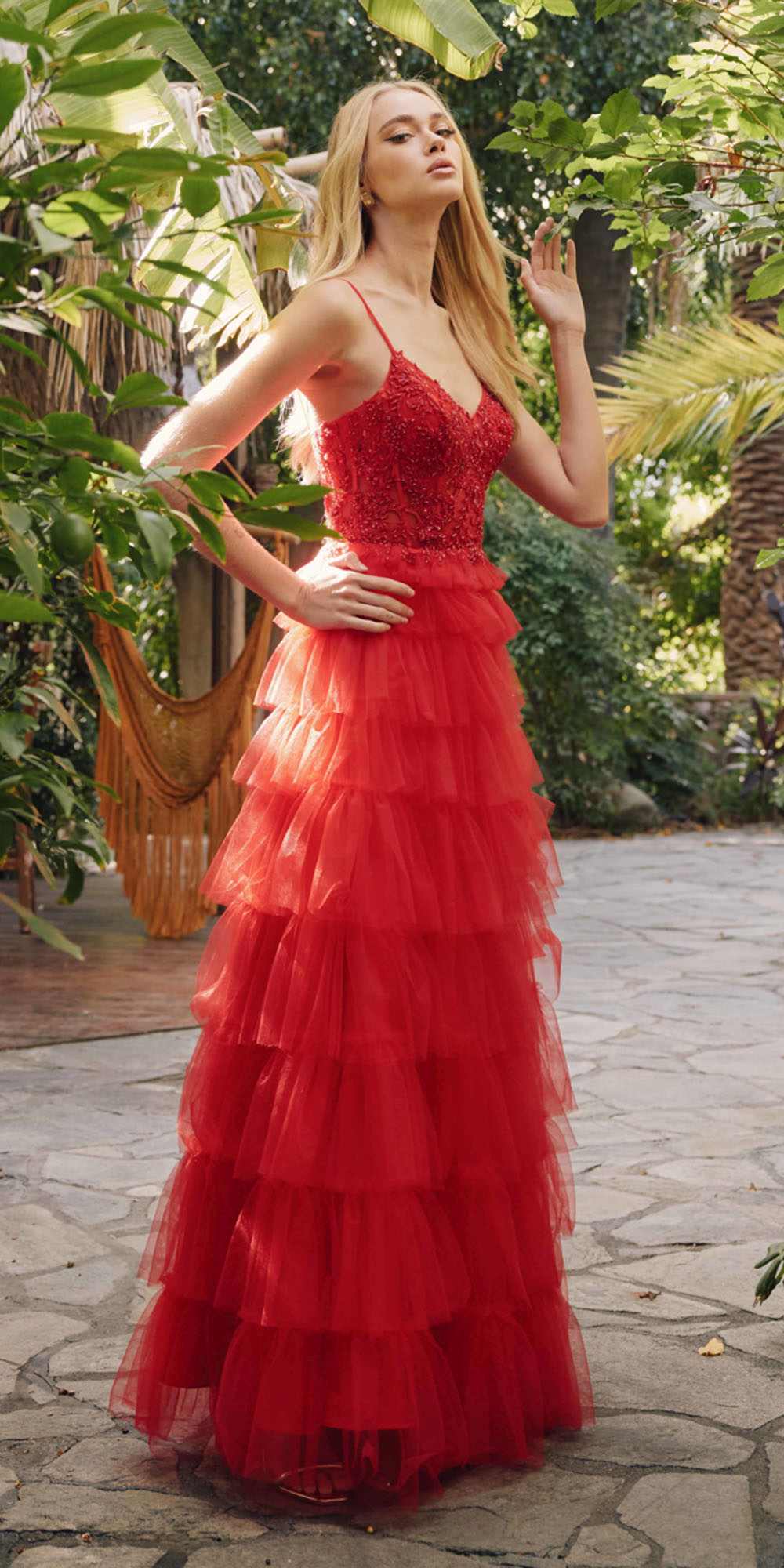 Juliet JT2451S Long Lace Bodice Sleeveless A-line Ruffled Gown