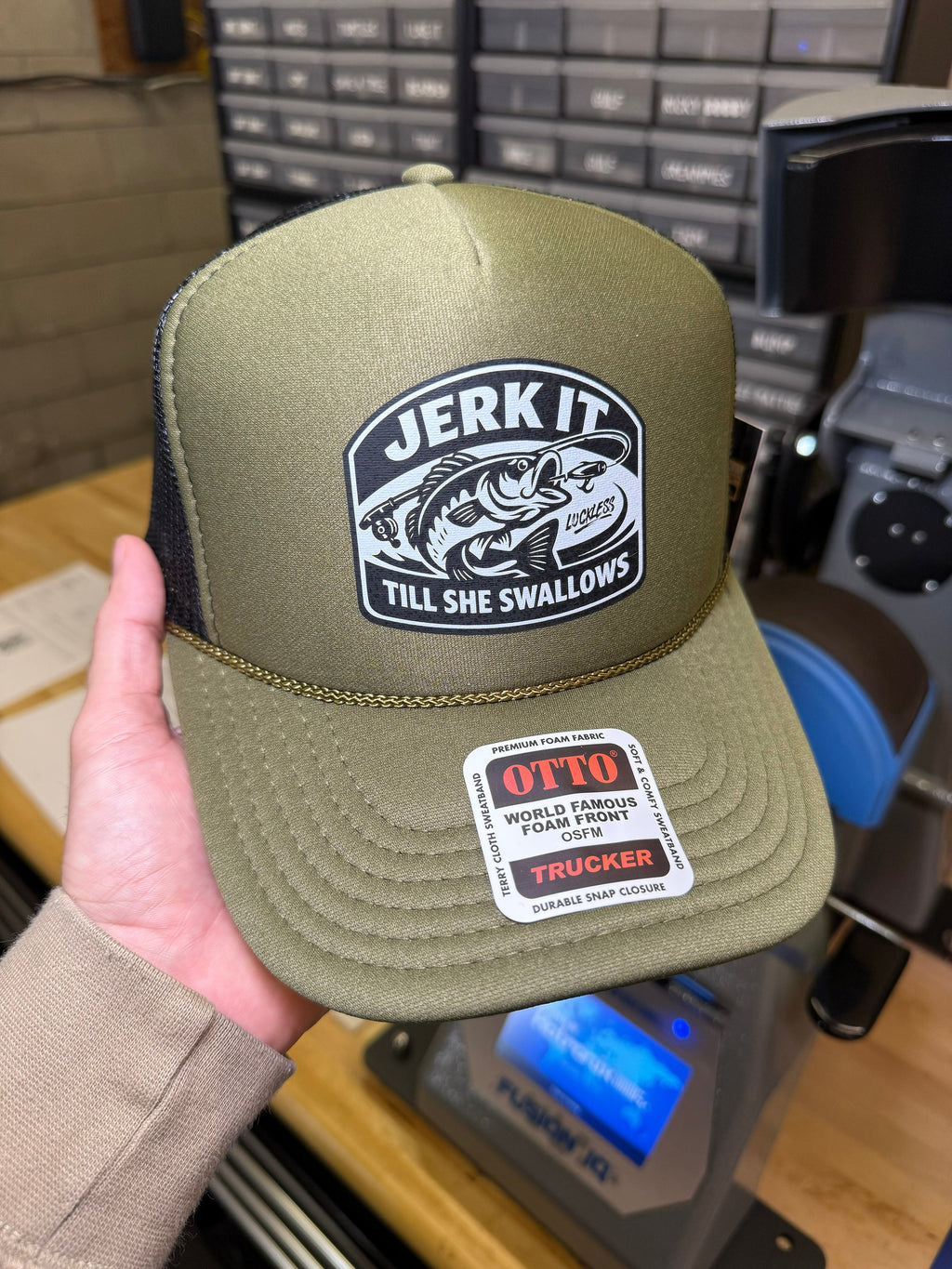 Luckless Outfitters Jerk It Till She Swallows | Funny Trucker Hat — lifestyle context