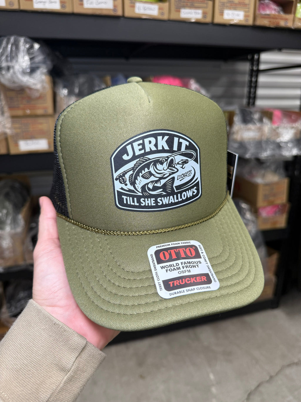 Luckless Outfitters Jerk It Till She Swallows | Funny Trucker Hat — side view
