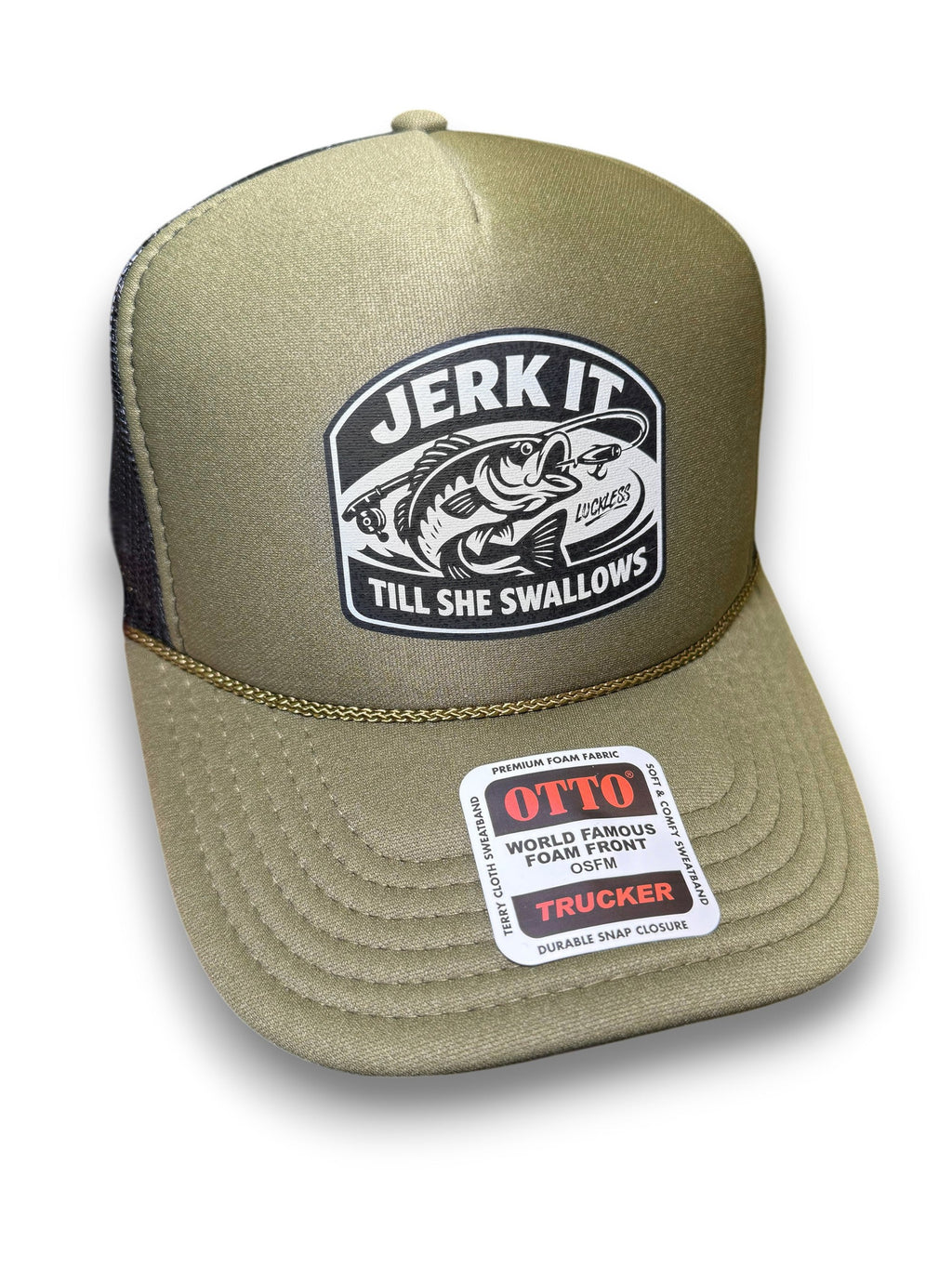 Luckless Outfitters Jerk It Till She Swallows | Funny Trucker Hat — main product shot