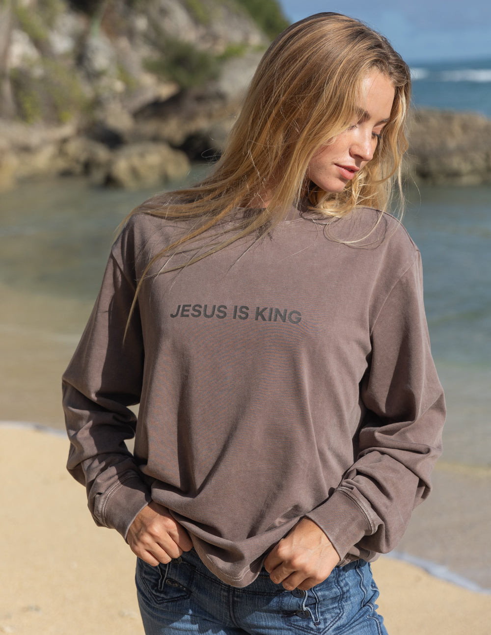 Elevated Faith Jesus Is King Brown LS Unisex Tee — Brown detail